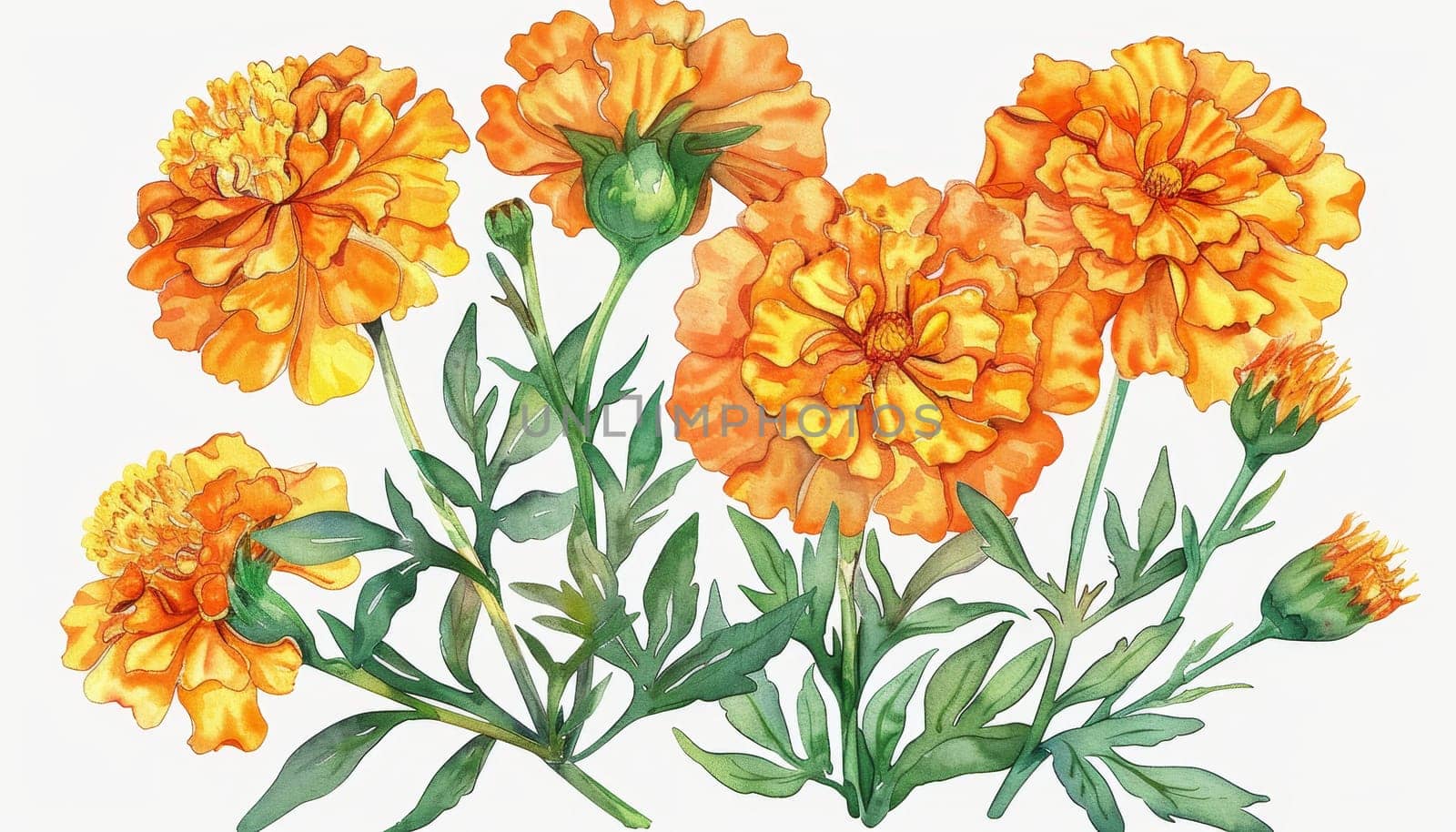 A painting of a bunch of orange flowers with green leaves. The flowers are arranged in a way that they are all facing the same direction. The painting has a bright and cheerful mood