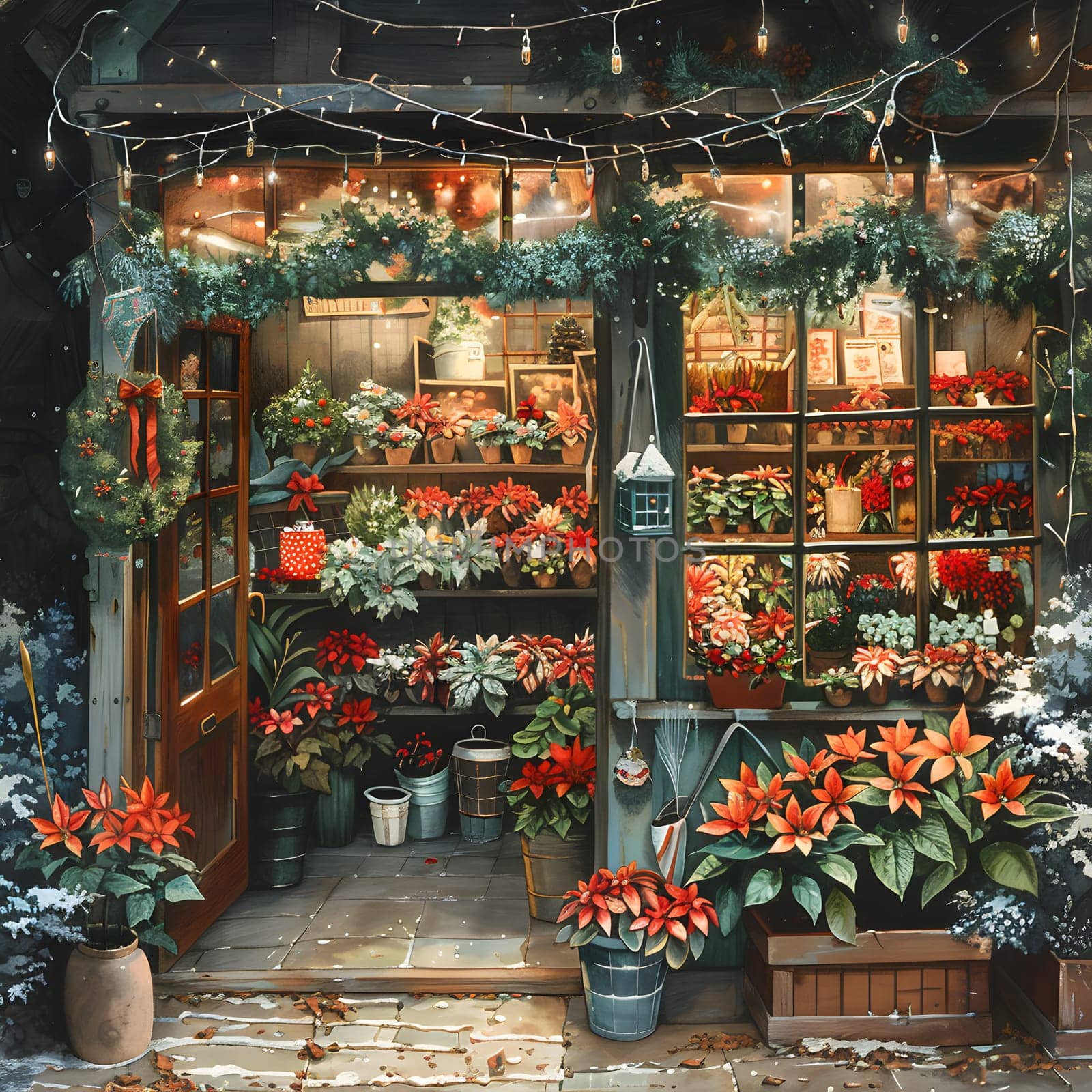 a flower shop decorated for christmas with lots of flowers High quality