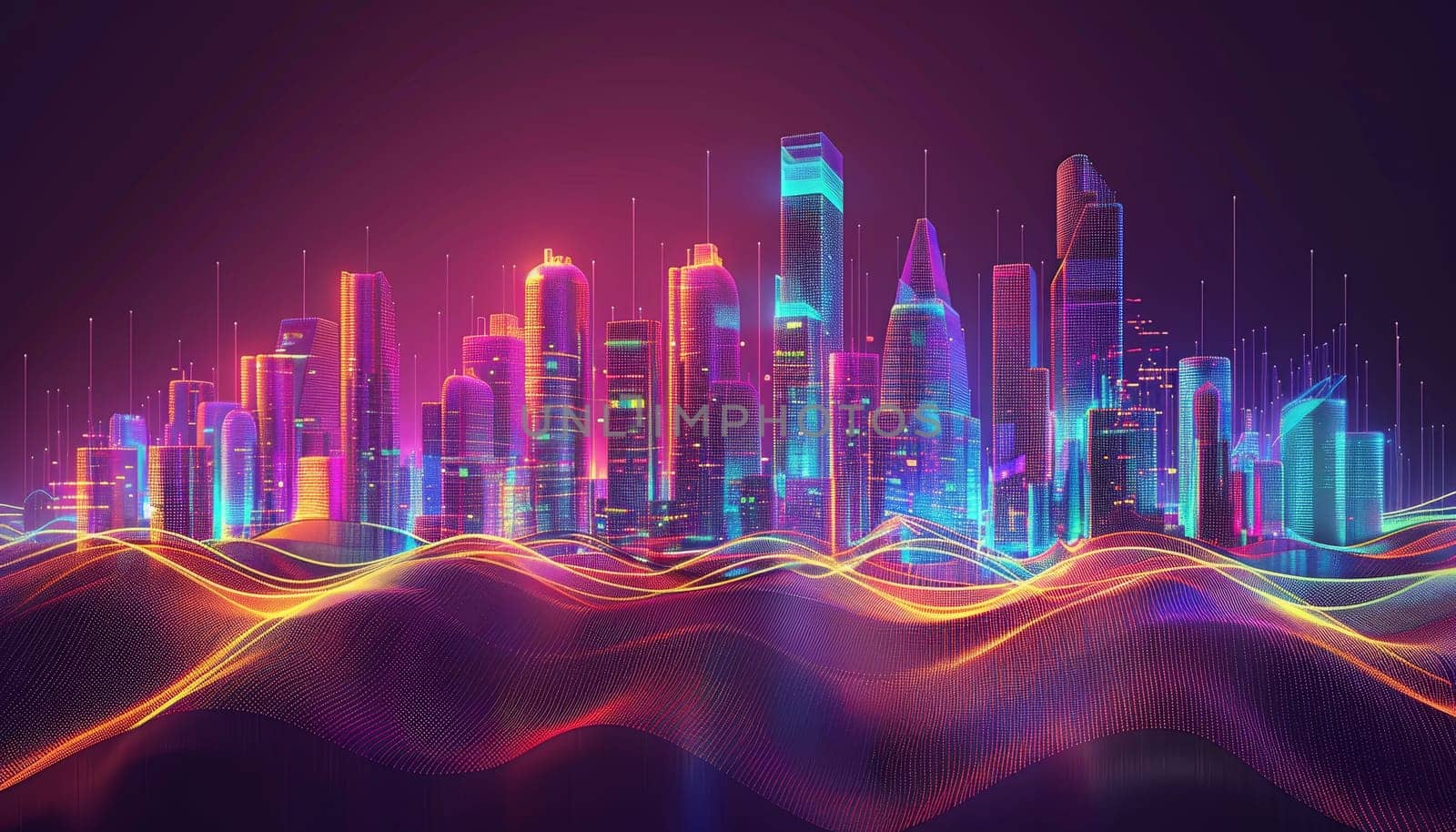 A city skyline is shown in a neon color scheme. The buildings are tall and the city appears to be in a futuristic setting. The colors are bright and vibrant, giving the impression of a bustling