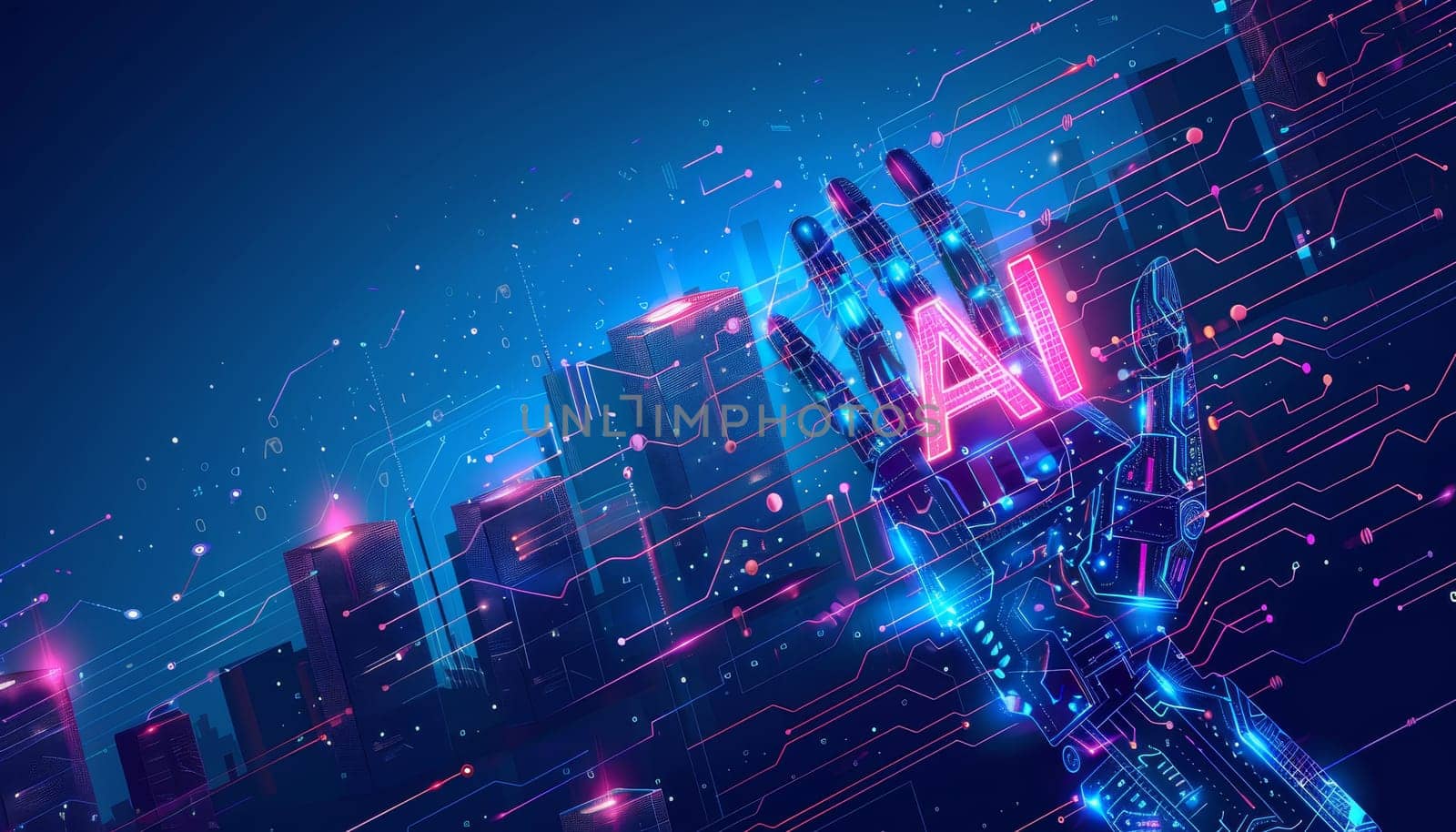 A robot is holding a blue cube with the letters AI on it by AI generated image.