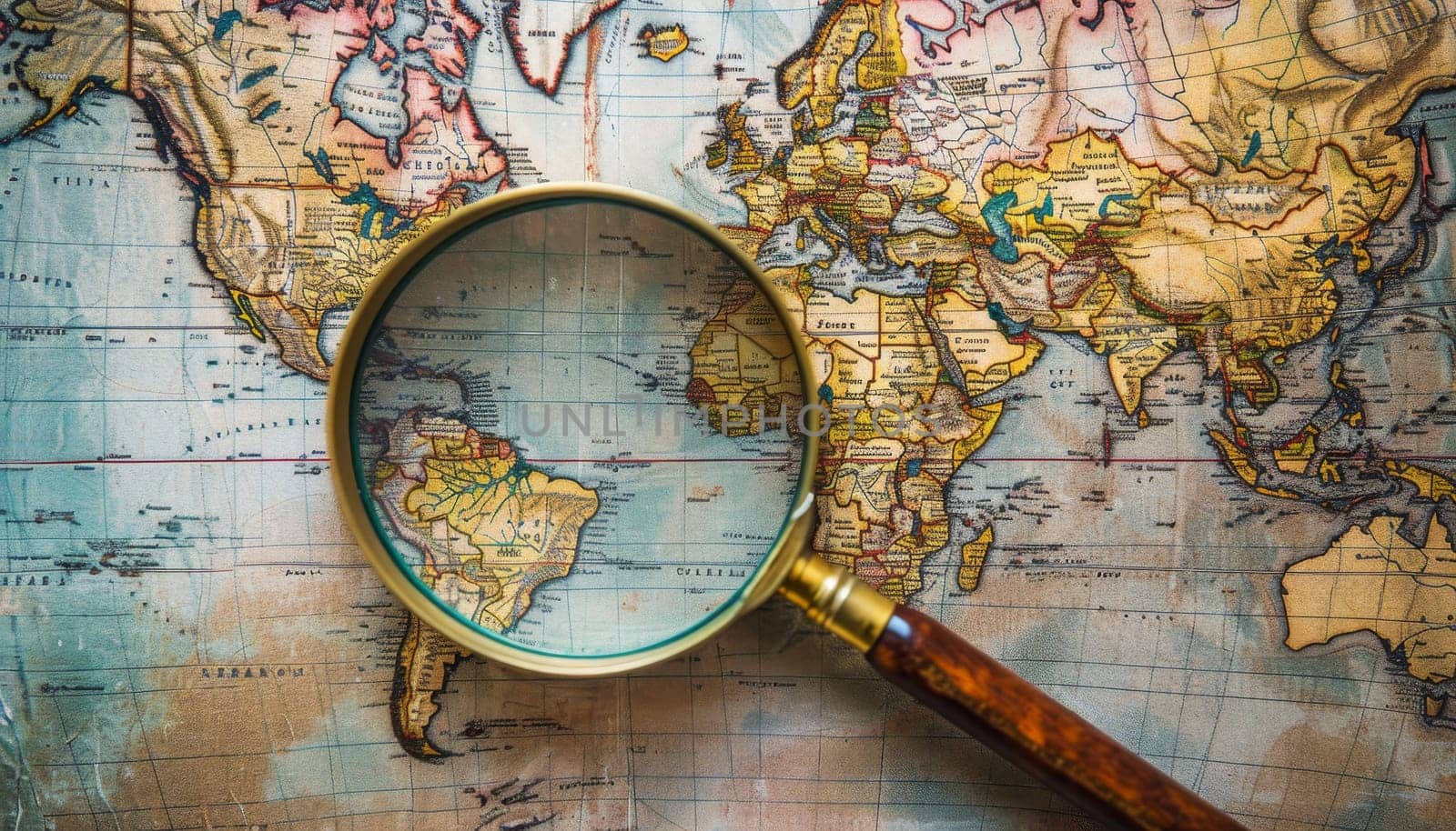 A magnifying glass is on a map of the world by AI generated image by wichayada