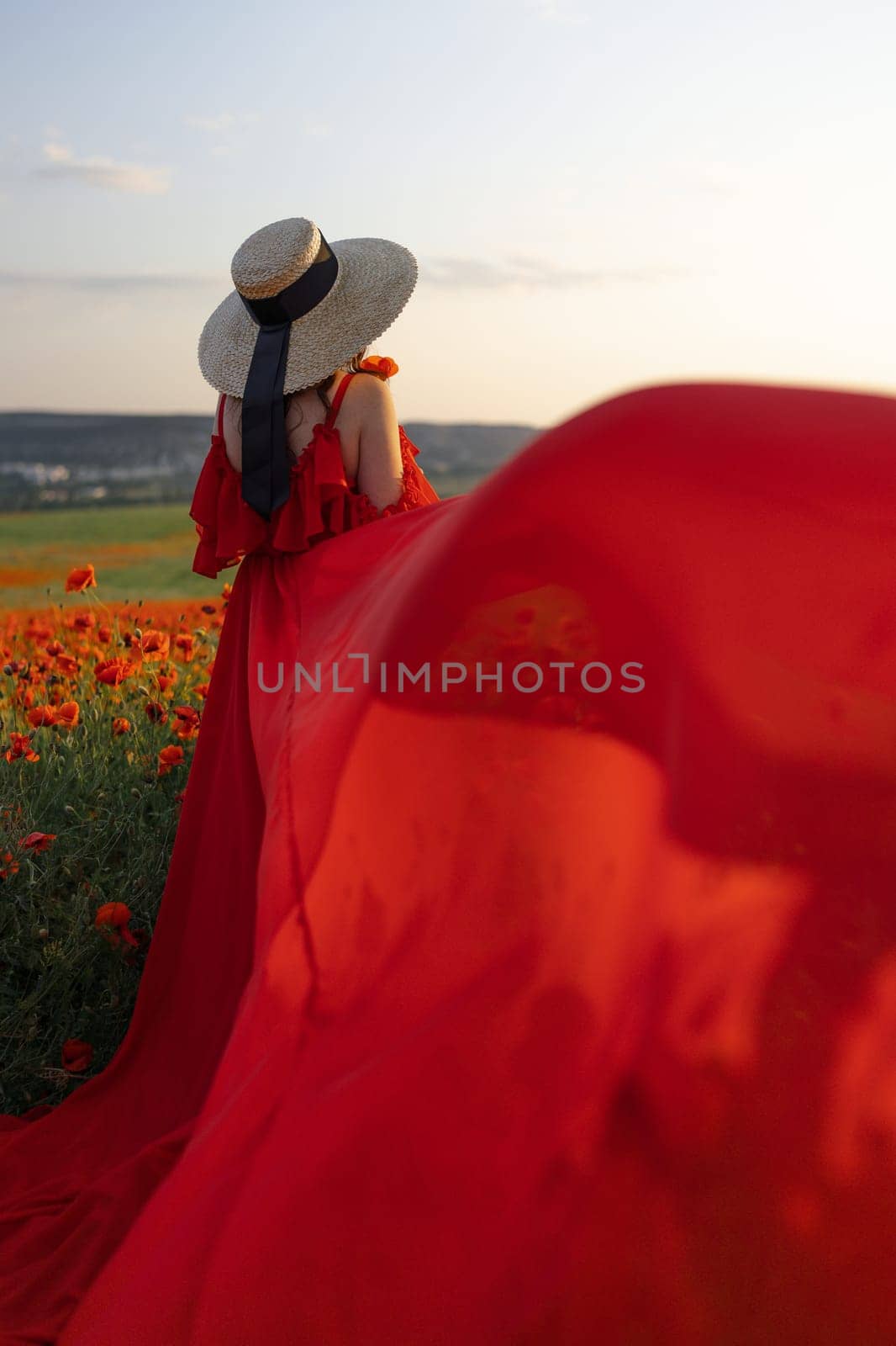 Woman poppy field red dress hat. Happy woman in a long red dress in a beautiful large poppy field. Blond stands with her back posing on a large field of red poppies