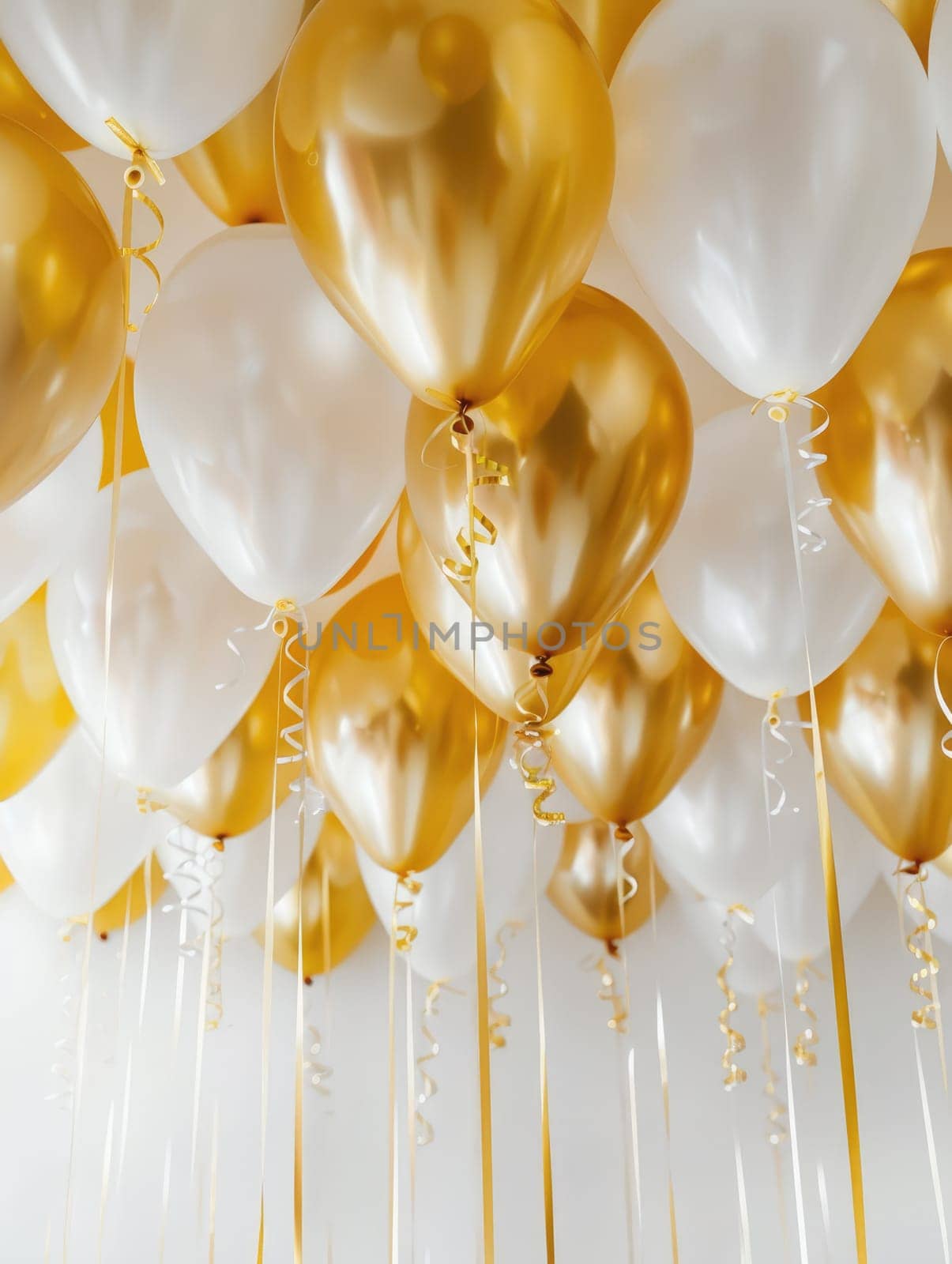 Gold and white balloons with ribbons against on white background. Celebration decoration concept for weddings, anniversaries, and birthday parties. Ai generation. High quality