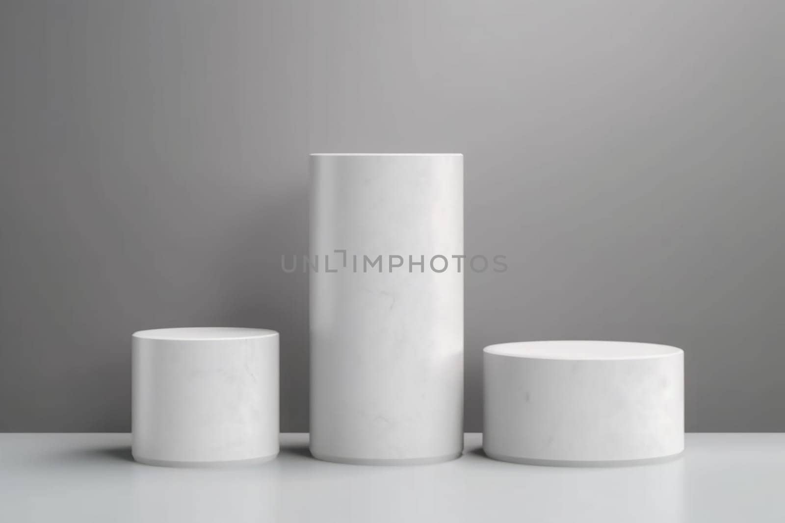 Front view of three white cylinder podiums displayed on gray background. Space to placed your product, mockup or packaging cosmetic. Minimal concept. Generated AI by Oxdesign