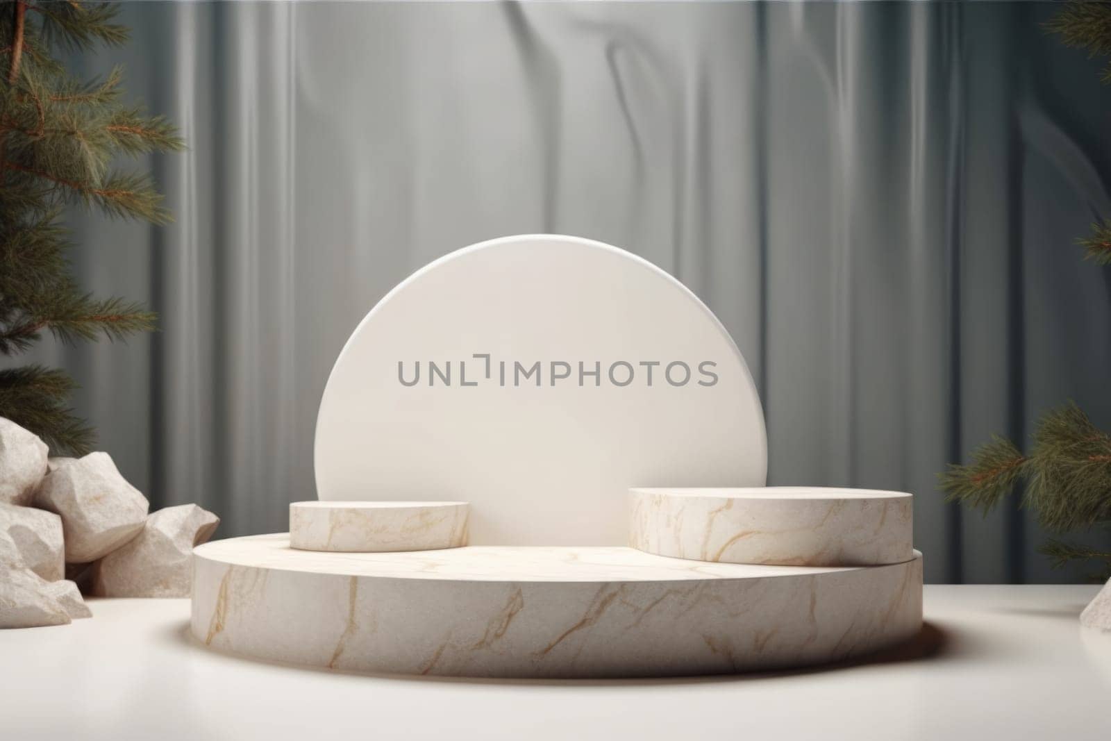 Luxury marble cylinder with plants on light blue wall and stone podium for product placement display. Trendy neutral aesthetic mockup template for beauty and cosmetics scene. Generated AI by Oxdesign