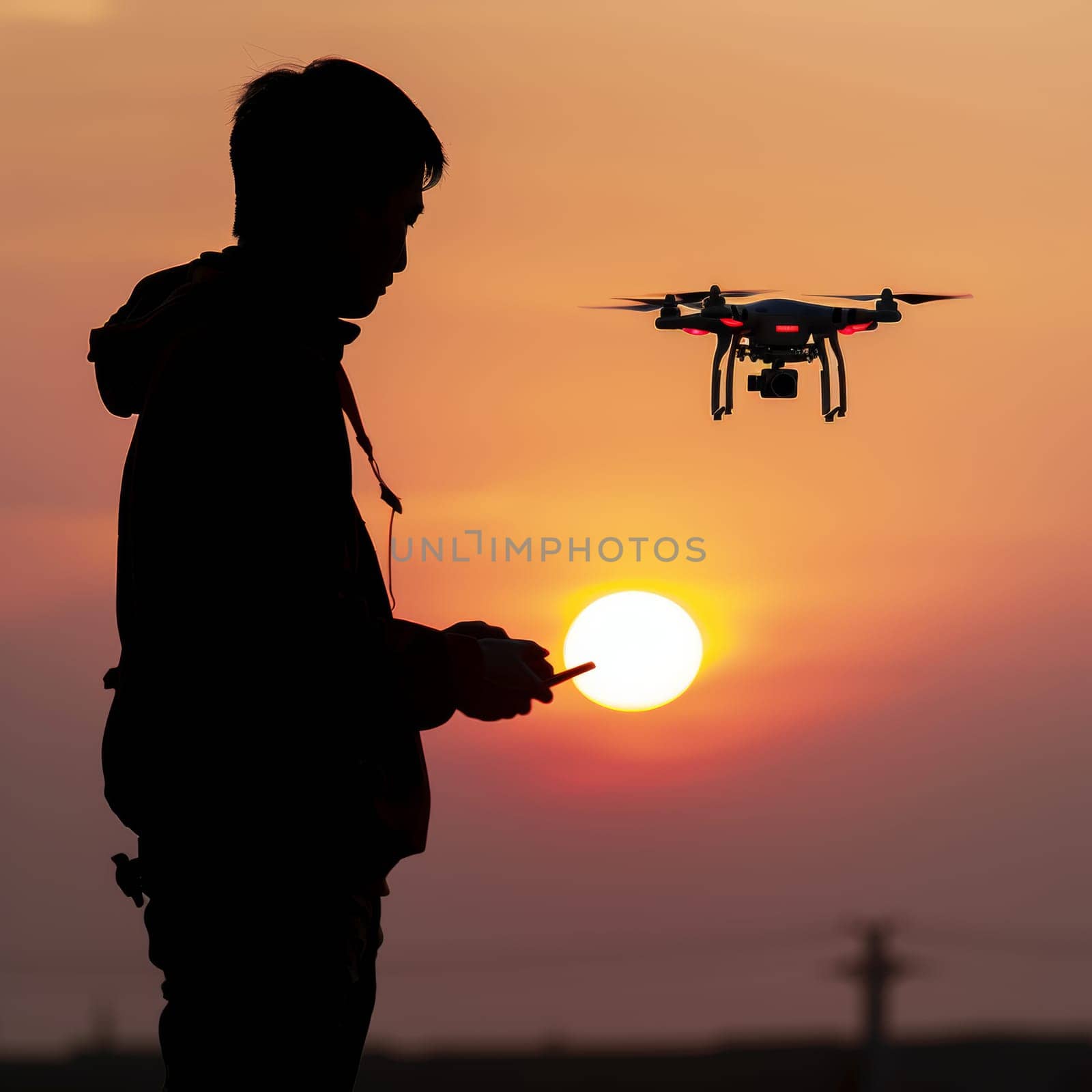 Silhouette of a man controlling a flying drone at sunset.