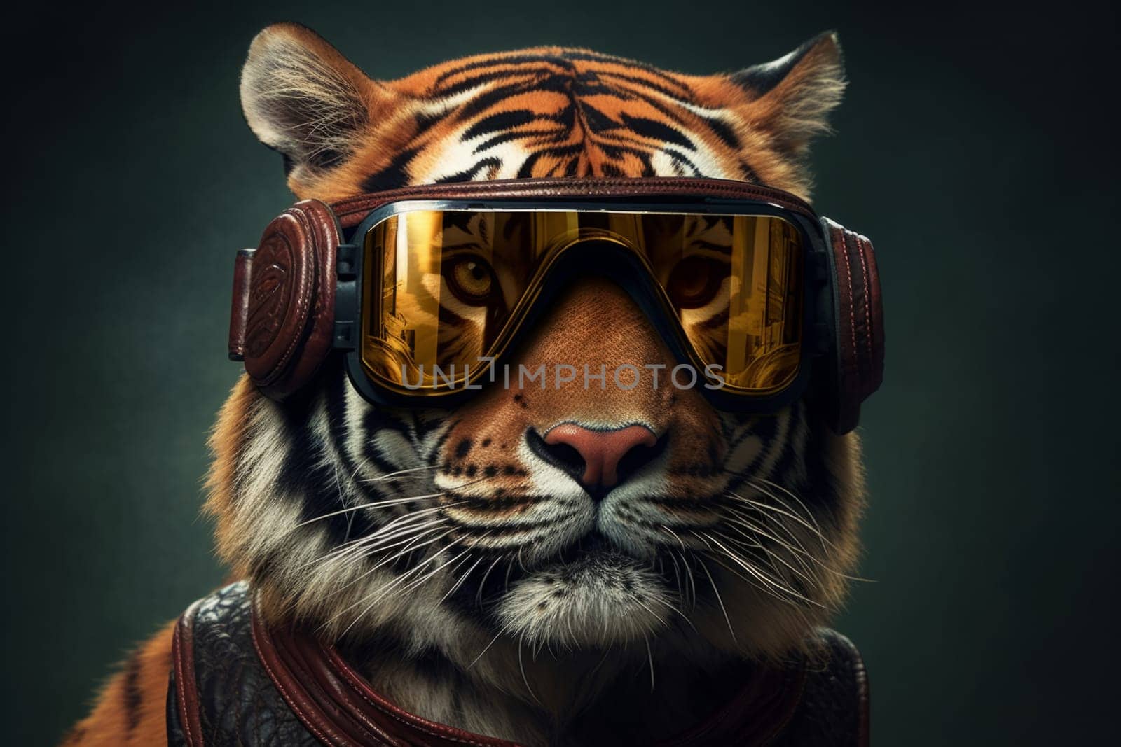 Tiger wearing eyeglasses and headphones illustration for your company or brand. Realistic tiger animal. Generated AI.