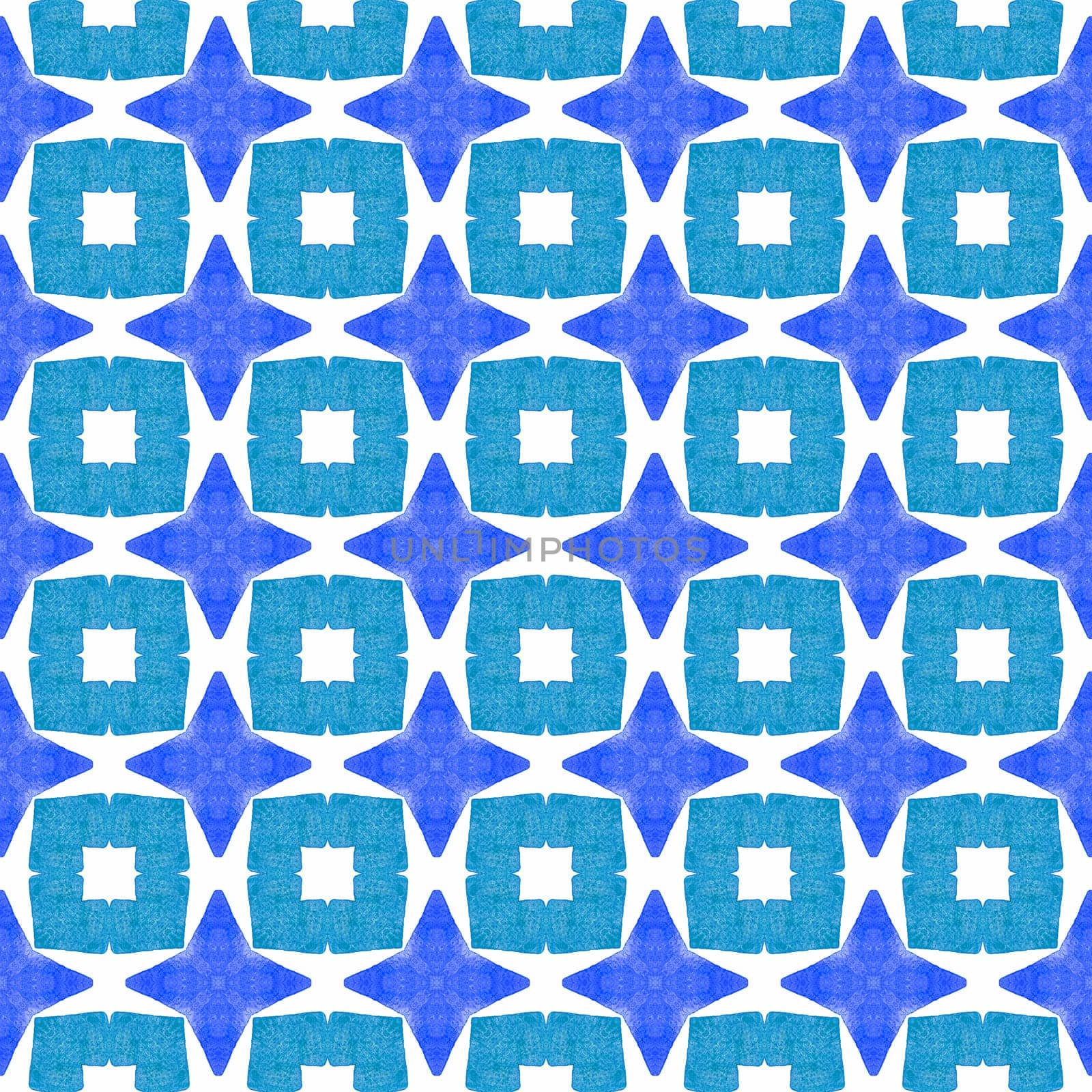 Watercolor ikat repeating tile border. Blue nice boho chic summer design. Ikat repeating swimwear design. Textile ready admirable print, swimwear fabric, wallpaper, wrapping.