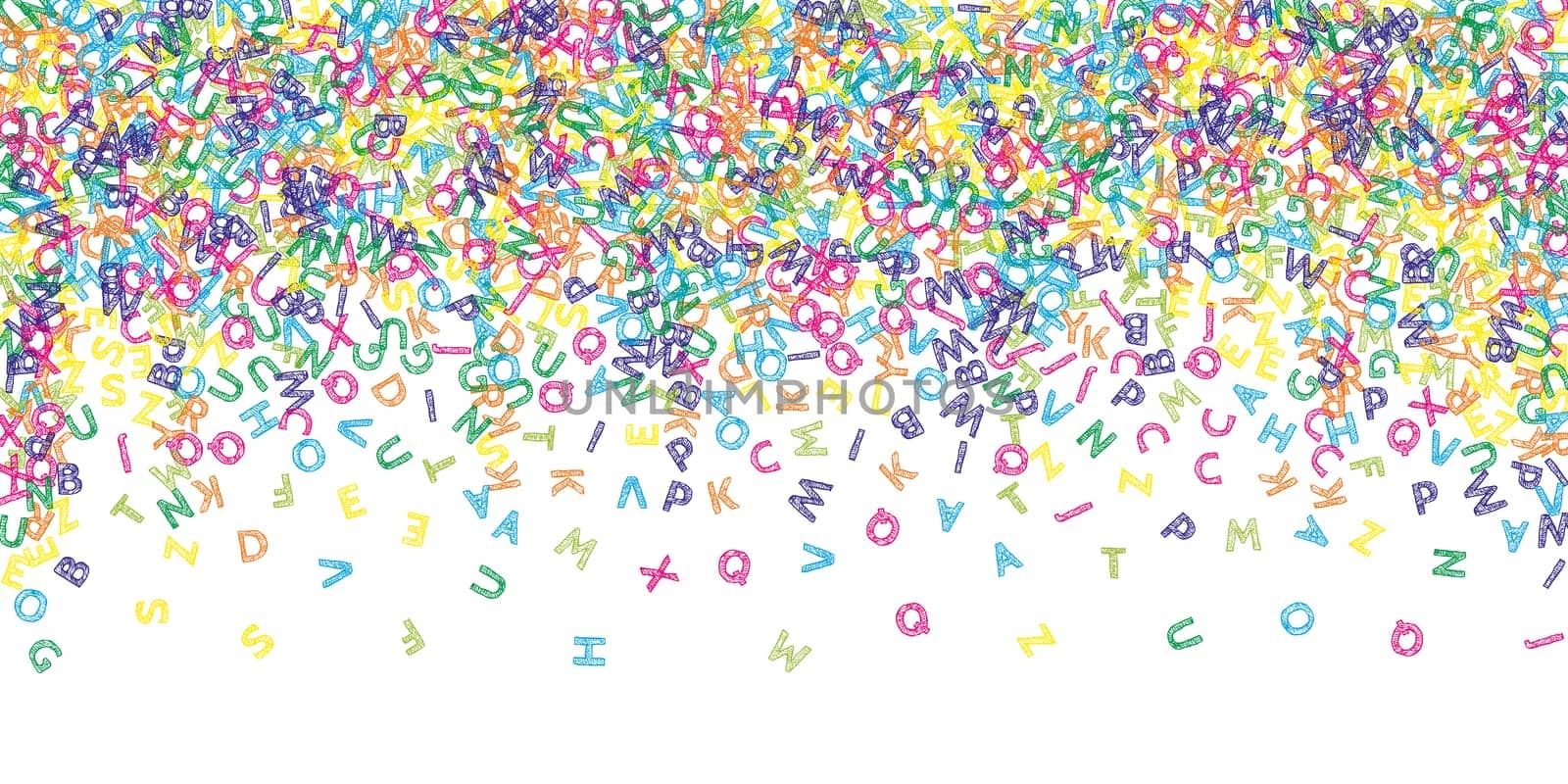 School notebook cover. Colorful childish floating letters of Latin alphabet. Foreign languages study concept. Back to school banner .
