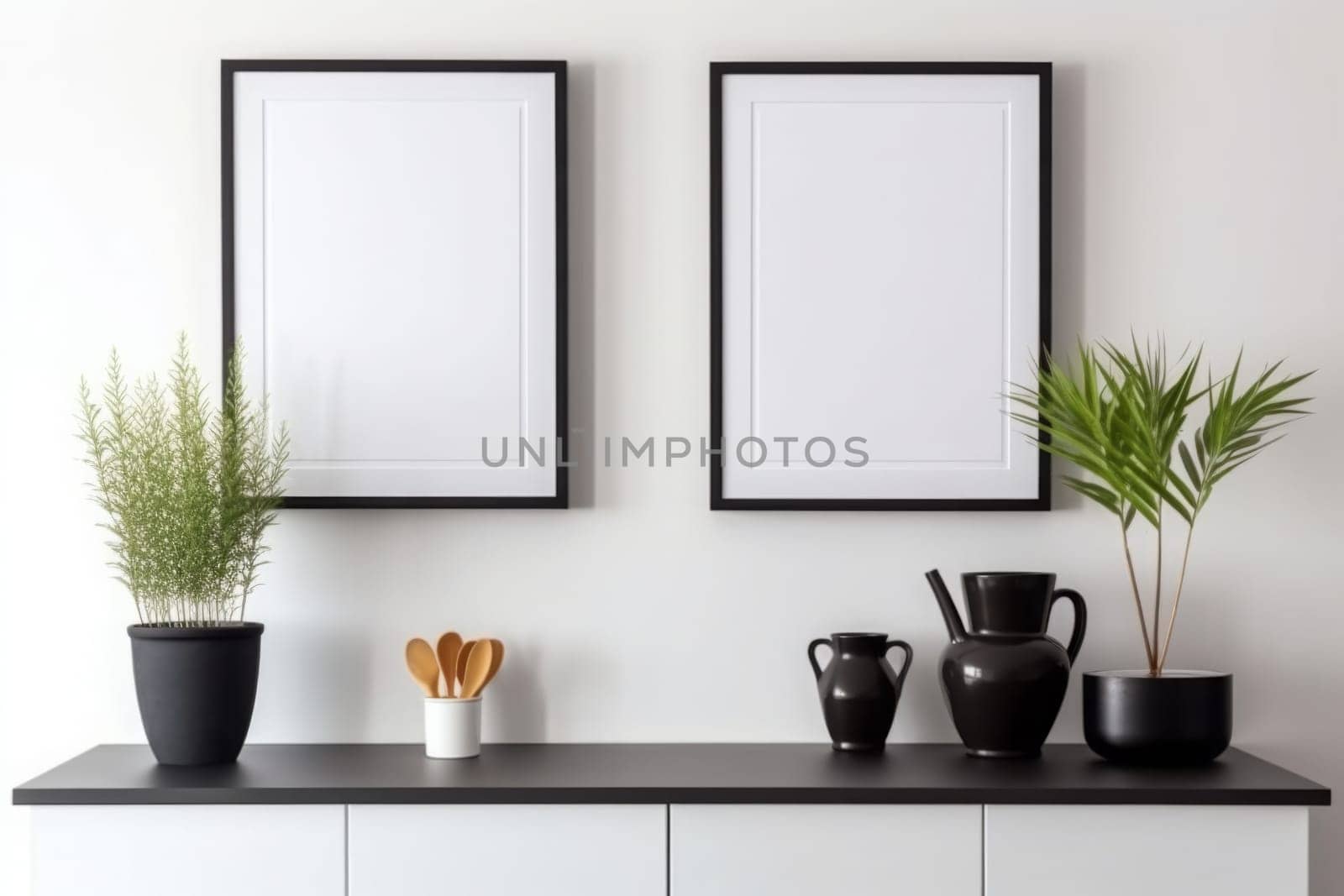 Elegant home interior with two black mock up photo empty frames above the white commode, plants and home accessories. Black dishes. Stylish concept of white room decor. Generated AI.