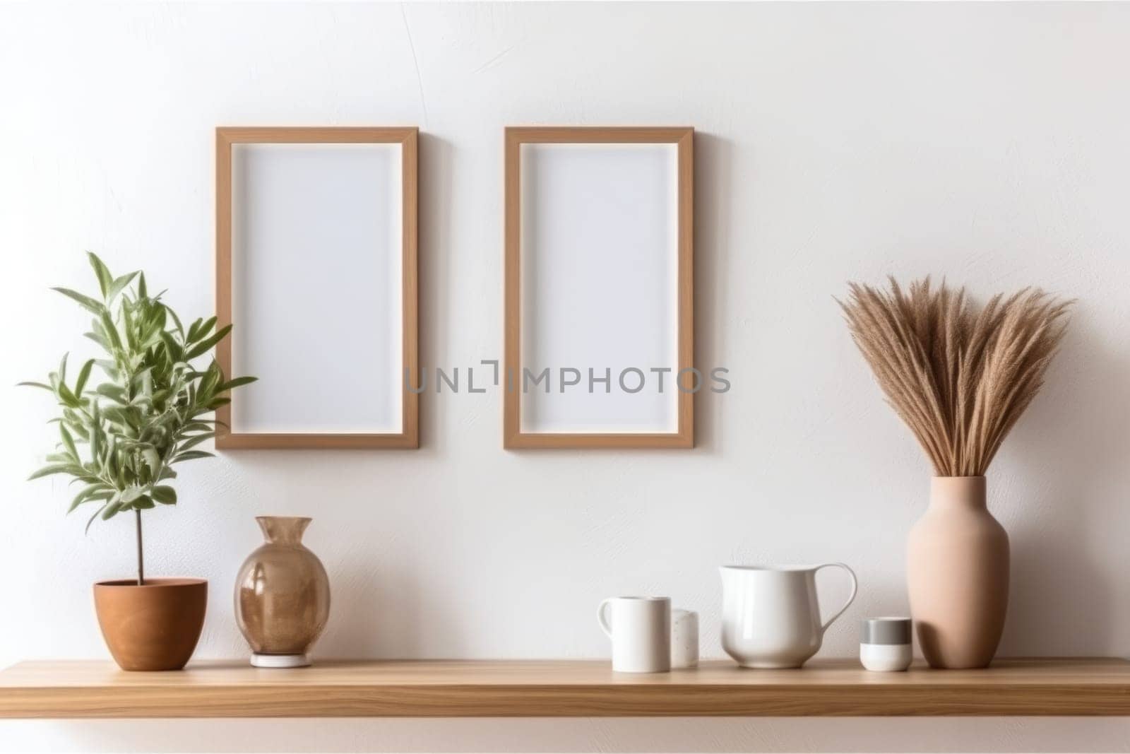 Elegant home interior with two brown wooden mock up photo empty frames above the commode, plants and home accessories. White dishes and brown vases. Stylish concept of white room decor. Generated AI.