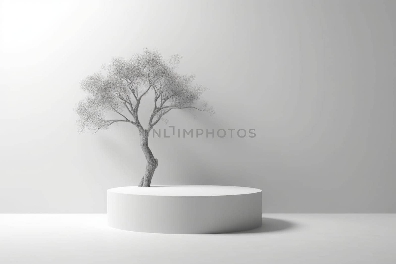 3D White round cylinder podium in dappled sunlight and white decorative tree shadow on white counter by wall background for beauty, fashion, cosmetic product display backdrop. Generated AI by Oxdesign