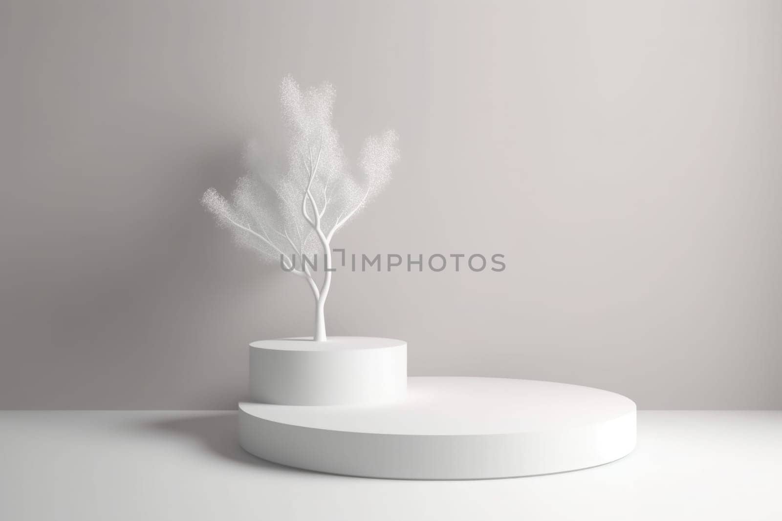 3D two White round cylinders podium in dappled sunlight and white decorative tree shadow on white counter by wall background for beauty, fashion, cosmetic product display backdrop. Generated AI by Oxdesign