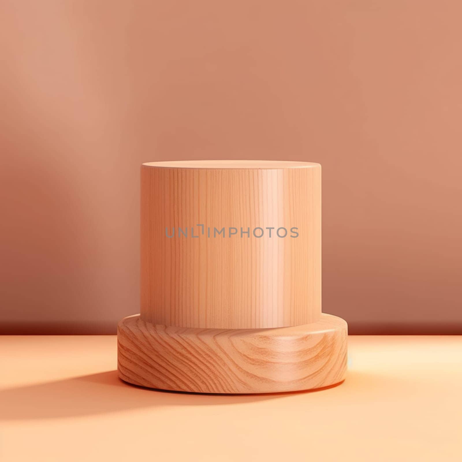 Wood podium isolated in pastel brown clean space. Two wooden podiums, pedestals or cylinders. Product Presentation background. 3d illustration. Generated AI by Oxdesign