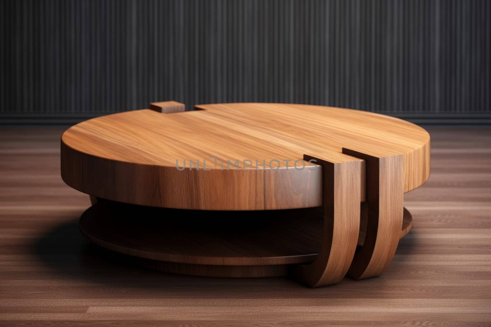 Brown wooden round coffee table, dinning table, magazines table. Modern designer, table on wooden floor near dark gray ornamental wall. Series of furniture. Generated AI.