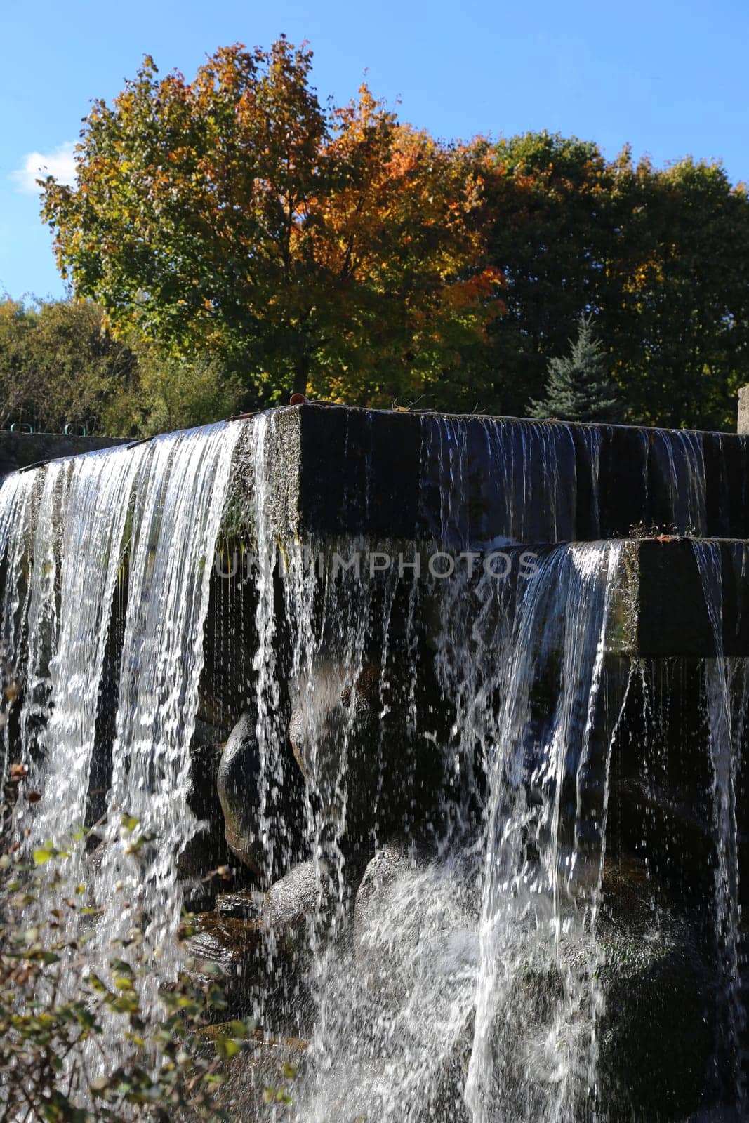 Vertical photo of a waterfall in a city park. by gelog67