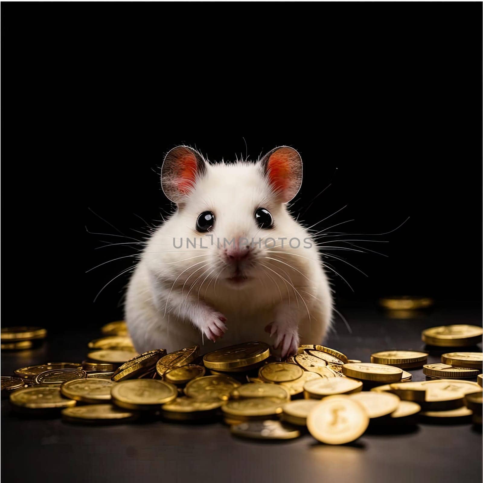 Photo of a cute hamster with coins flying and lying on the floor on a black background. An exciting game for money. Click on the furry animal and win.