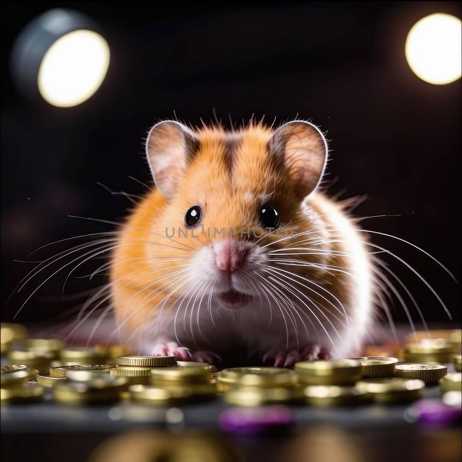 Photo of a cute hamster with coins flying and lying on the floor on a black background. An exciting game for money. Click on the furry animal and win.