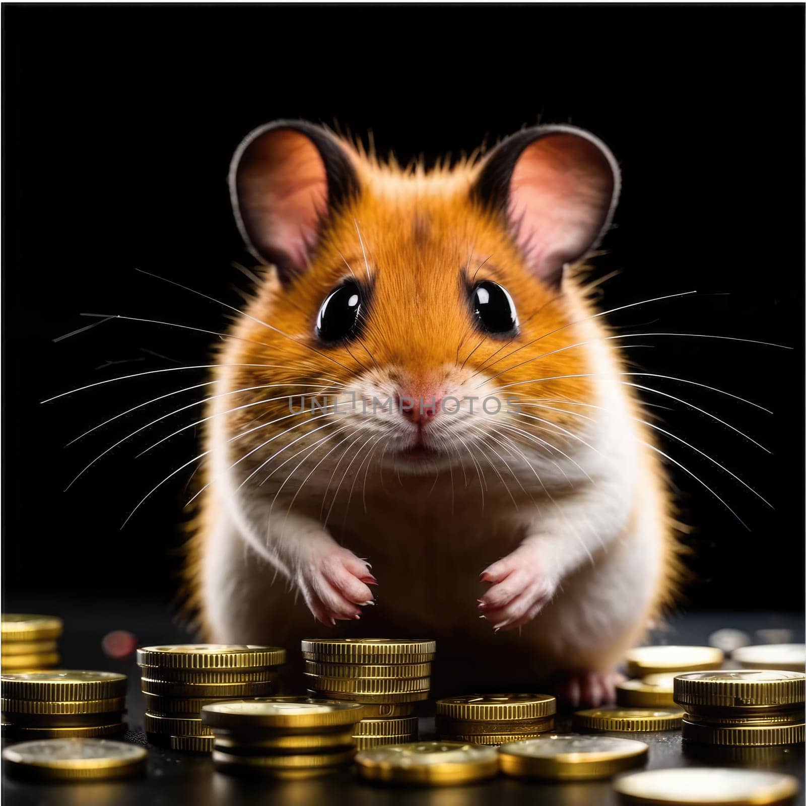 Photo of a cute hamster with coins flying and lying on the floor on a black background. An exciting game for money. Click on the furry animal and win.