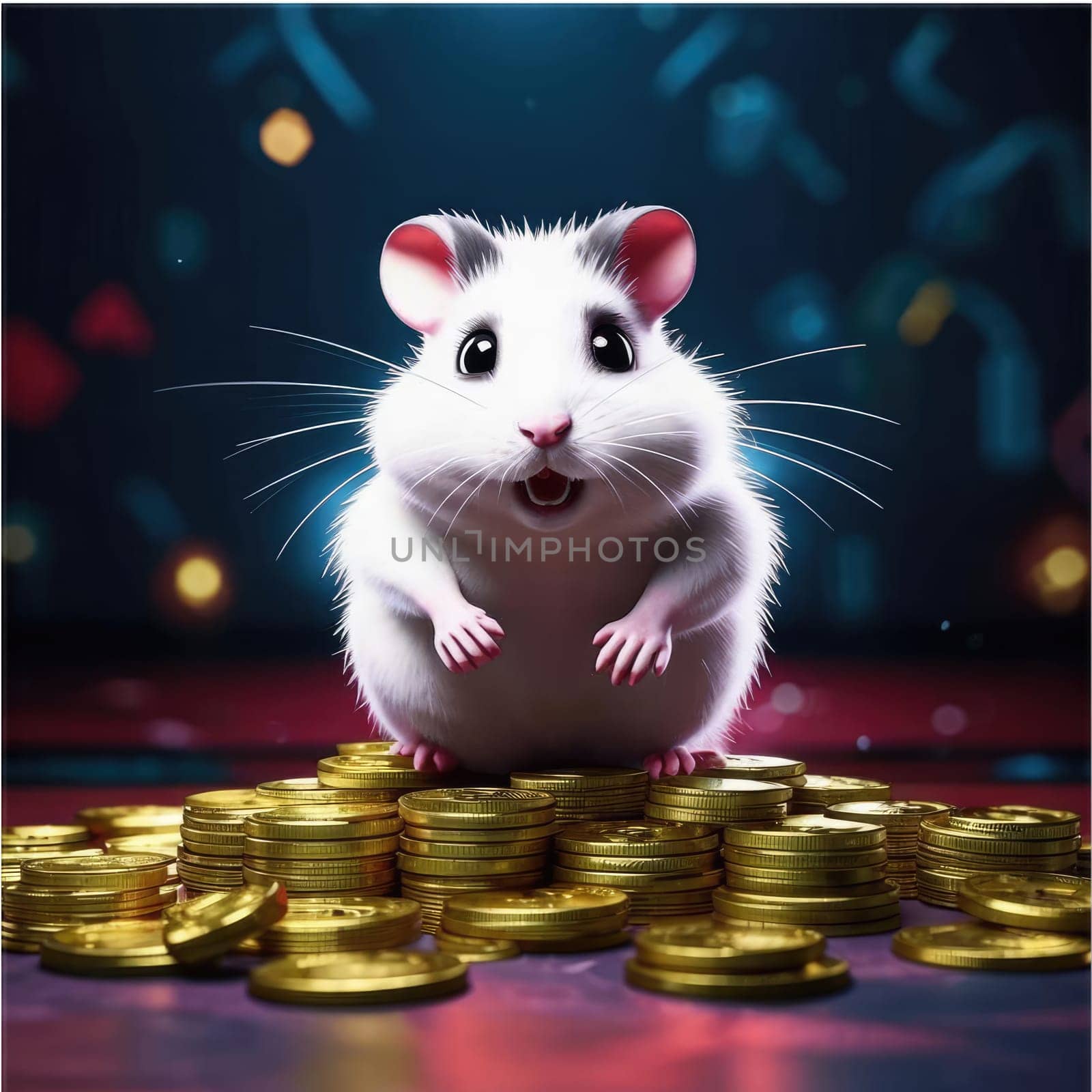 Photo of a cute hamster with coins flying and lying on the floor on a black background. An exciting game for money. Click on the furry animal and win.