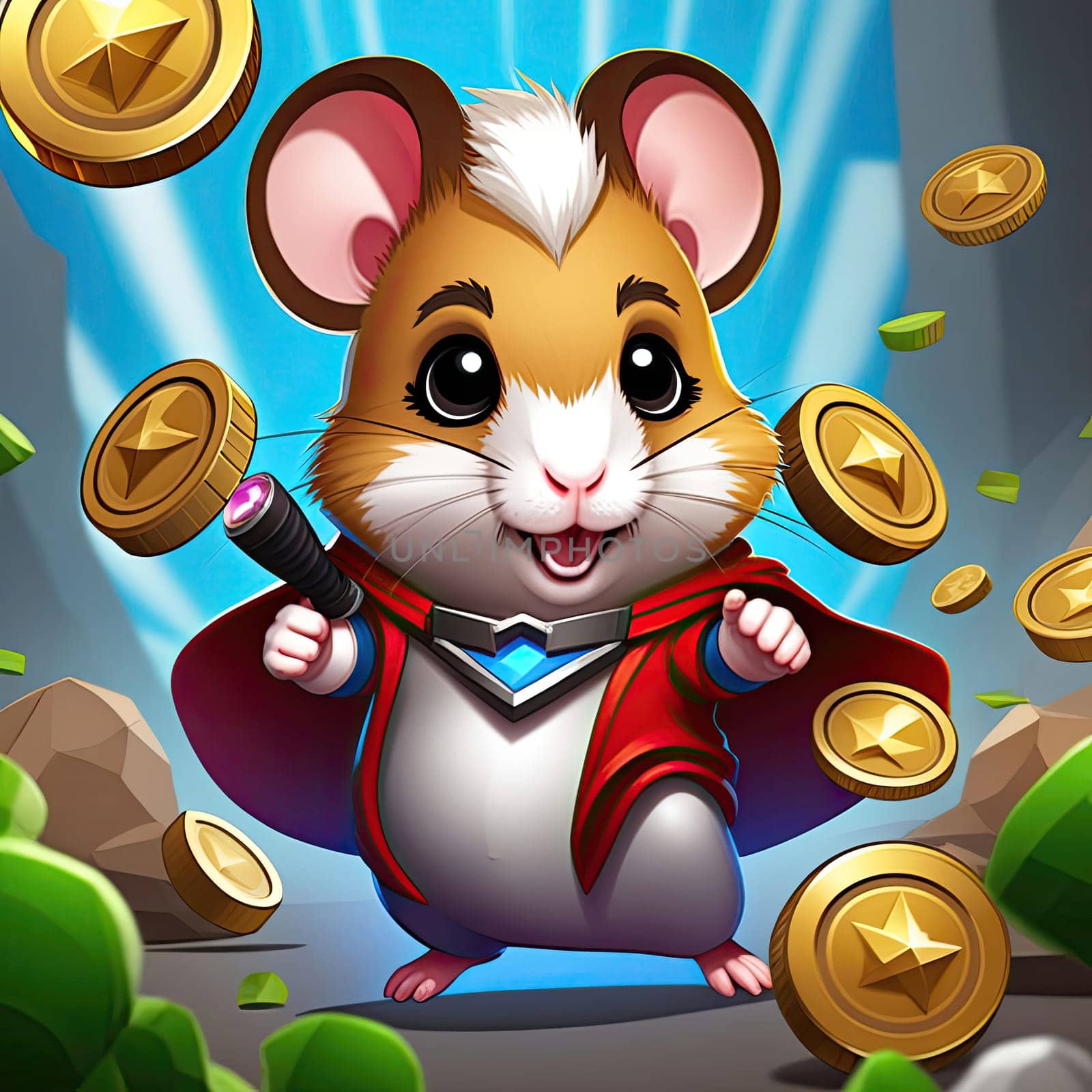 Illustration of a cute hamster with coins flying and lying on the floor on a black background. An exciting game for money. Click on the furry animal and win.