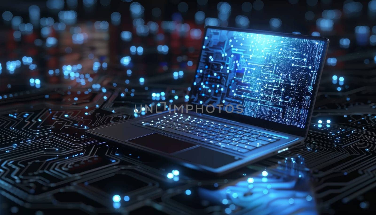 A laptop is displayed on a circuit board with a blue screen by AI generated image by wichayada