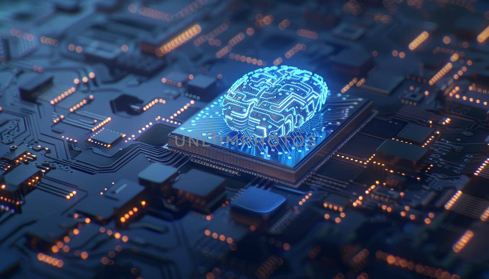 A computer chip with a blue brain on it by AI generated image by wichayada