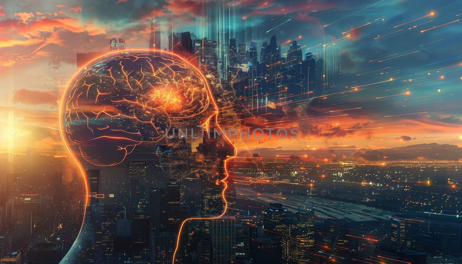 A city skyline is lit up at sunset with a glowing brain in the center by AI generated image.