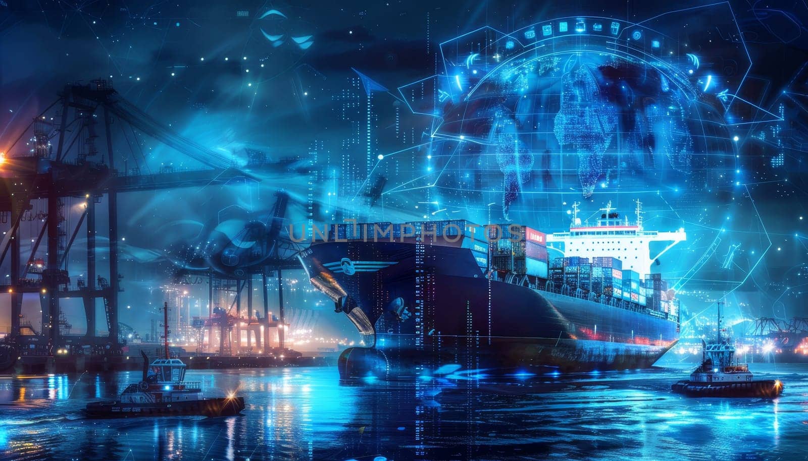 A large ship is surrounded by smaller boats in a city harbor by AI generated image by wichayada