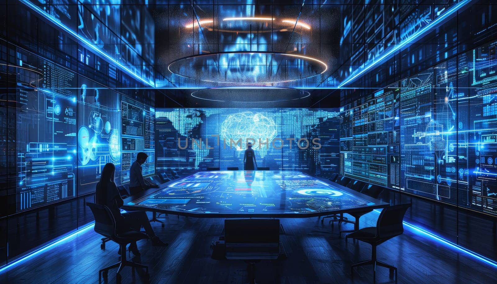 A futuristic room with a large screen and a person standing in front of it by AI generated image by wichayada