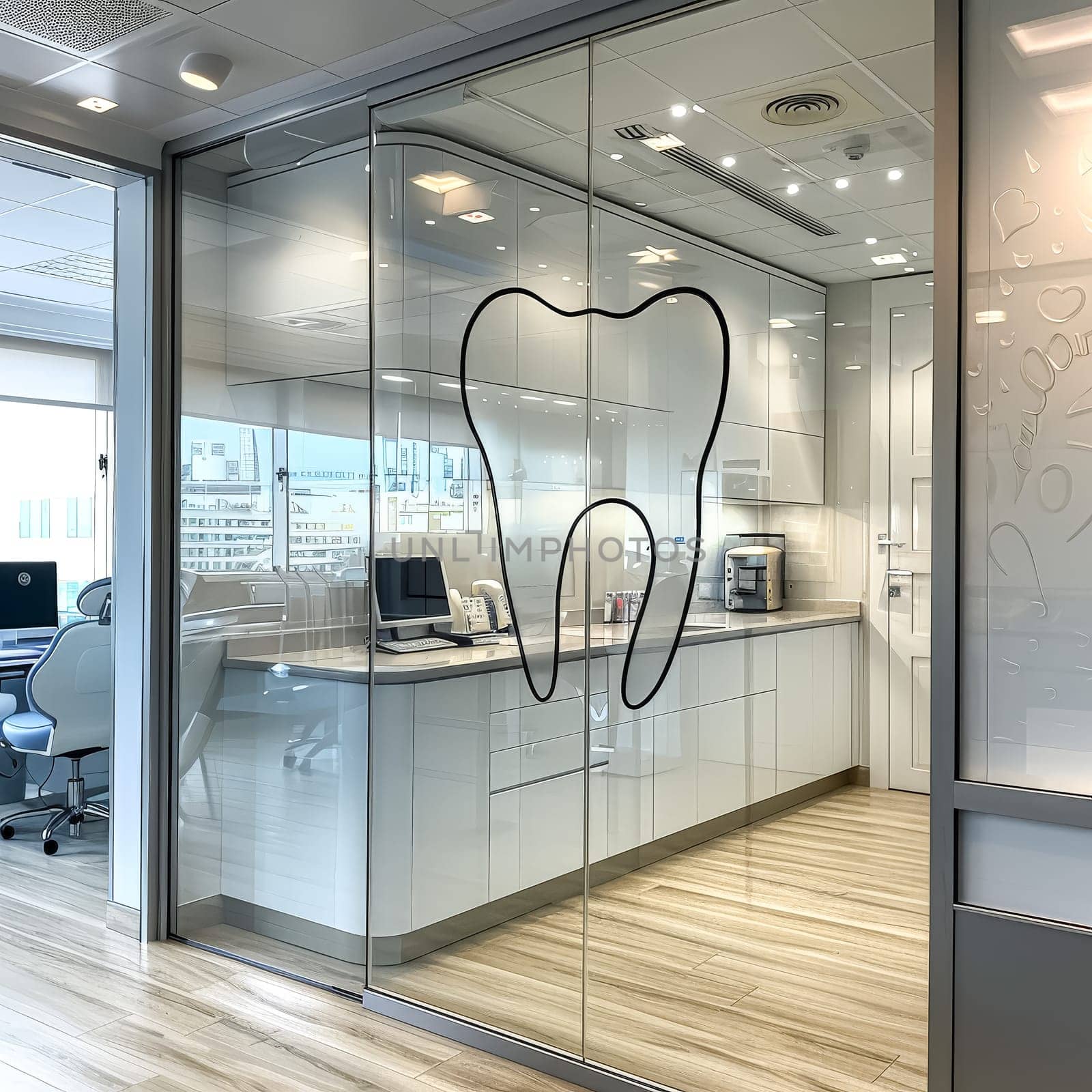 A picture of a tooth is hanging on the wall of a dental office. The image is black and white and has a vintage feel to it. The room is clean and well-lit, with a white counter and cabinets