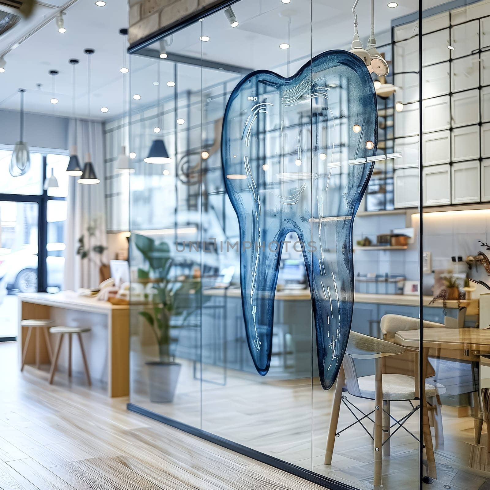 A picture of a tooth is hanging on the wall of a dental office. The image is black and white and has a vintage feel to it. The room is clean and well-lit, with a white counter and cabinets