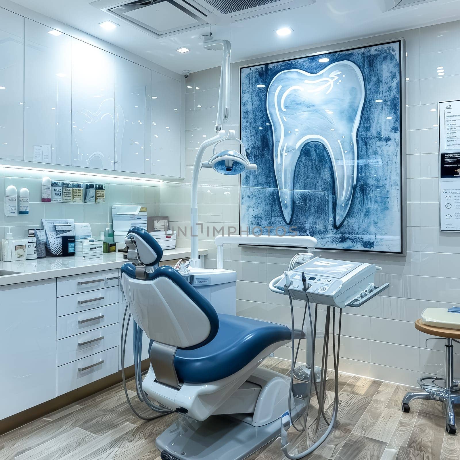 A picture of a tooth is hanging on the wall of a dental office. The image is black and white and has a vintage feel to it. The room is clean and well-lit, with a white counter and cabinets