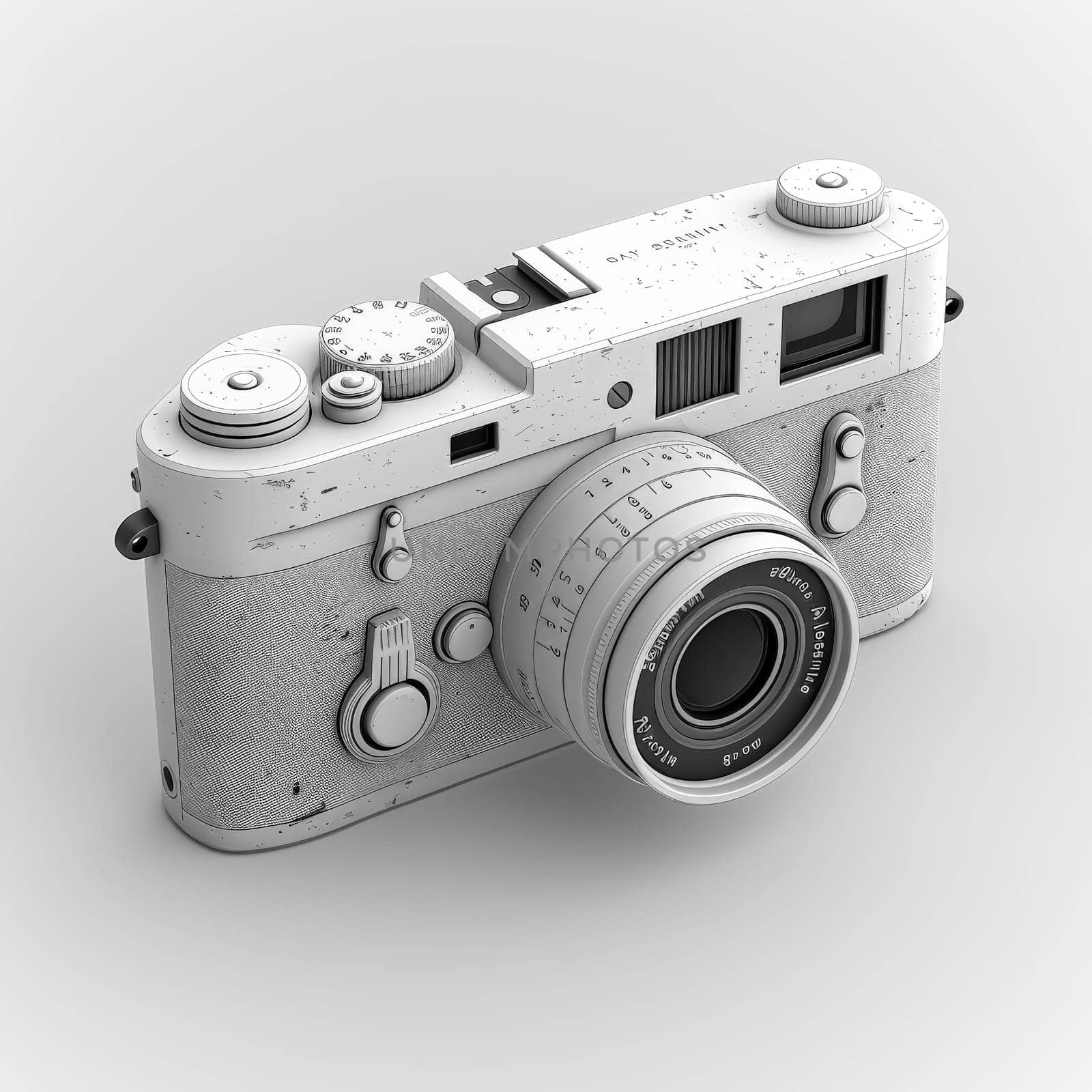 A camera with a black and white design. The camera is made of plastic and has a black lens