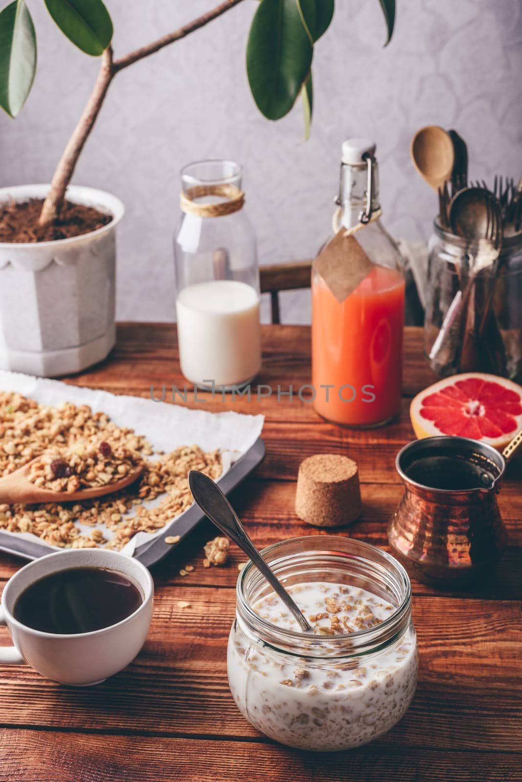 Ready to eat muesli breakfast with turkish coffee, grapefruit and juice