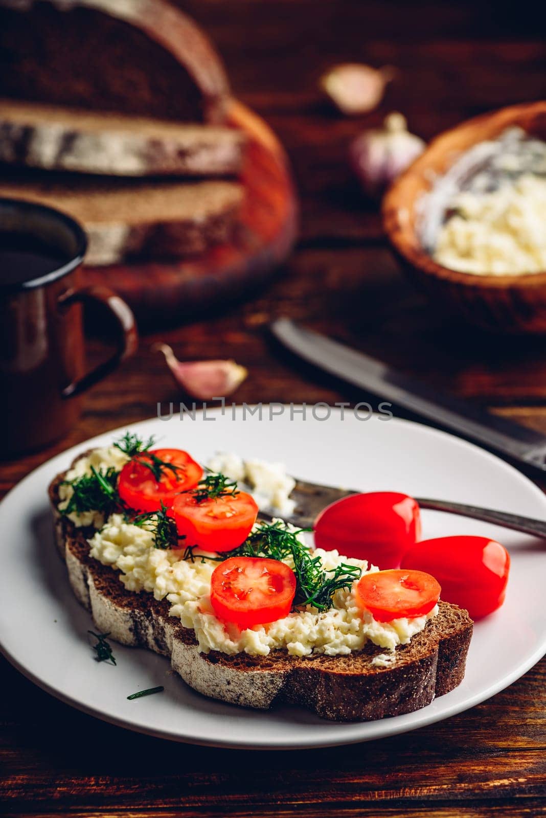 Rye bread toast with processed cheese, garlic and tomatoes by Seva_blsv