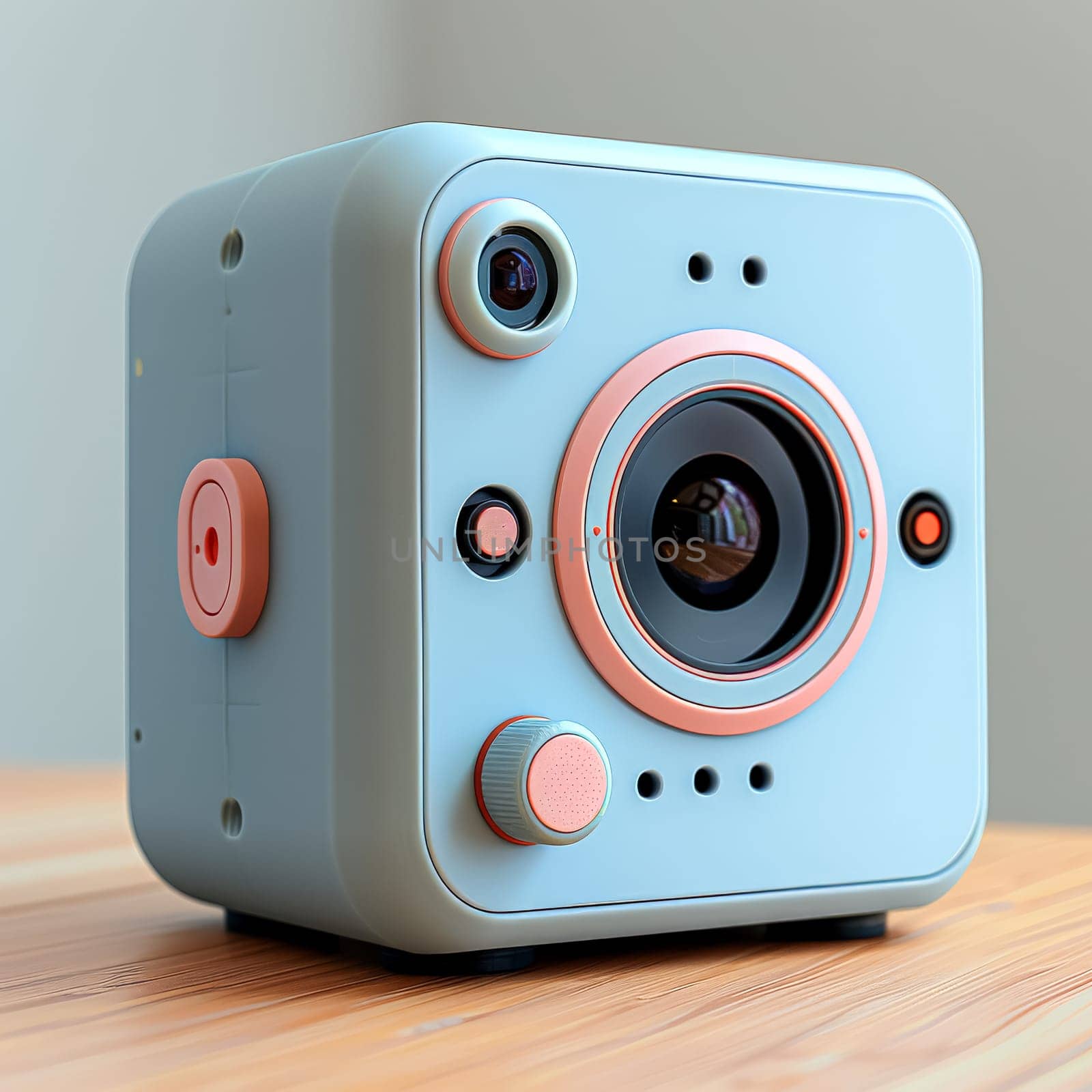 A camera with a black and white design. The camera is made of plastic and has a black lens