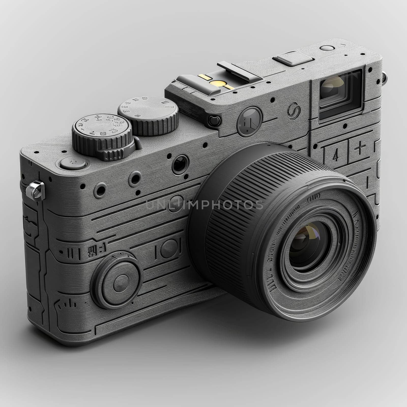 A camera with a black and white design. The camera is made of plastic and has a black lens