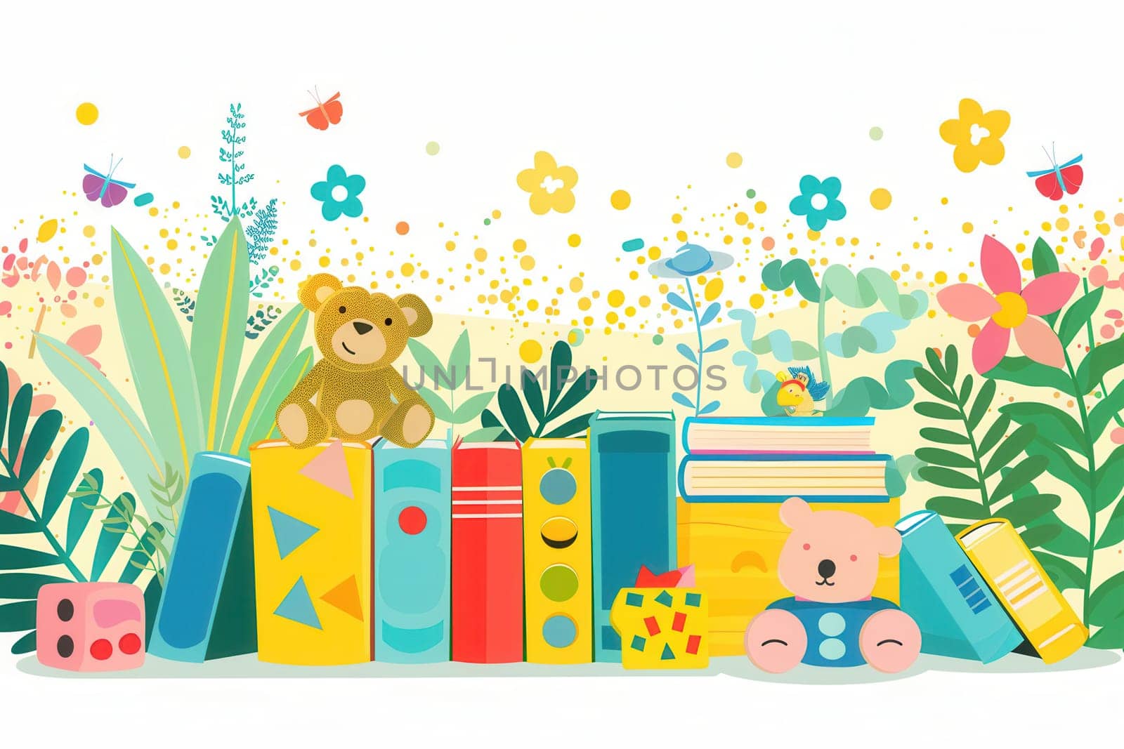 A cheerful illustration featuring a row of colorful childrens books surrounded by playful toys, flowers, and butterflies. Perfect for promoting educational centers and bookstores.