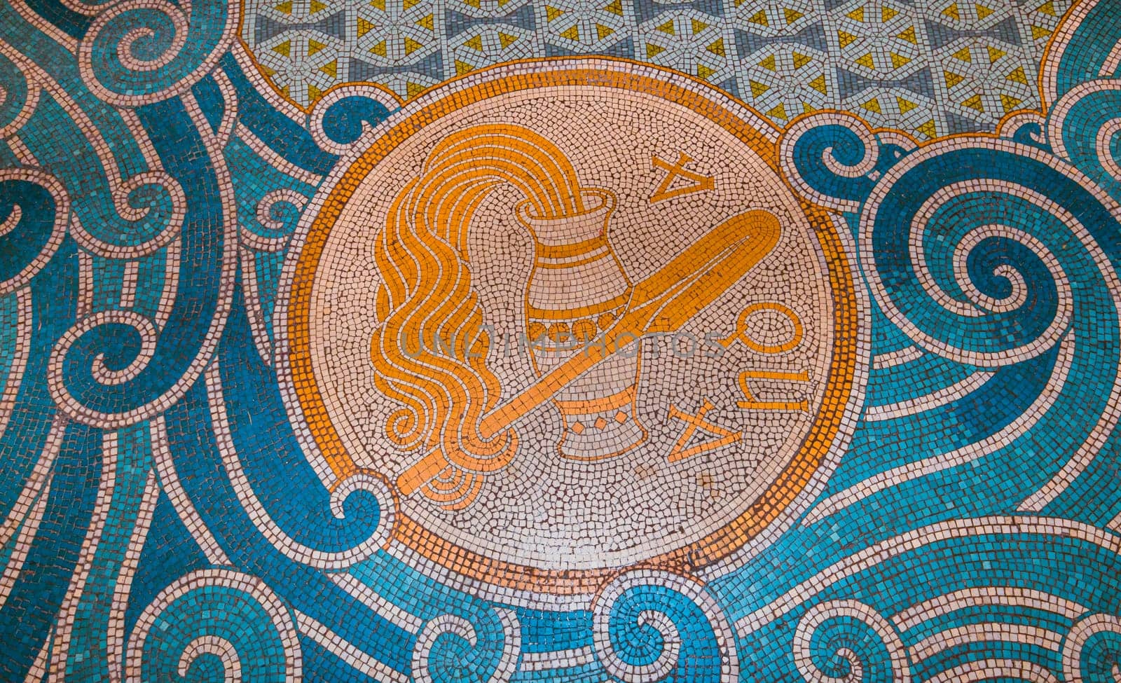 BRIARE, LOIRET, FRANCE, MAY 06, 2022 : pavement mosaic details on ground floor of Saint Etienne church