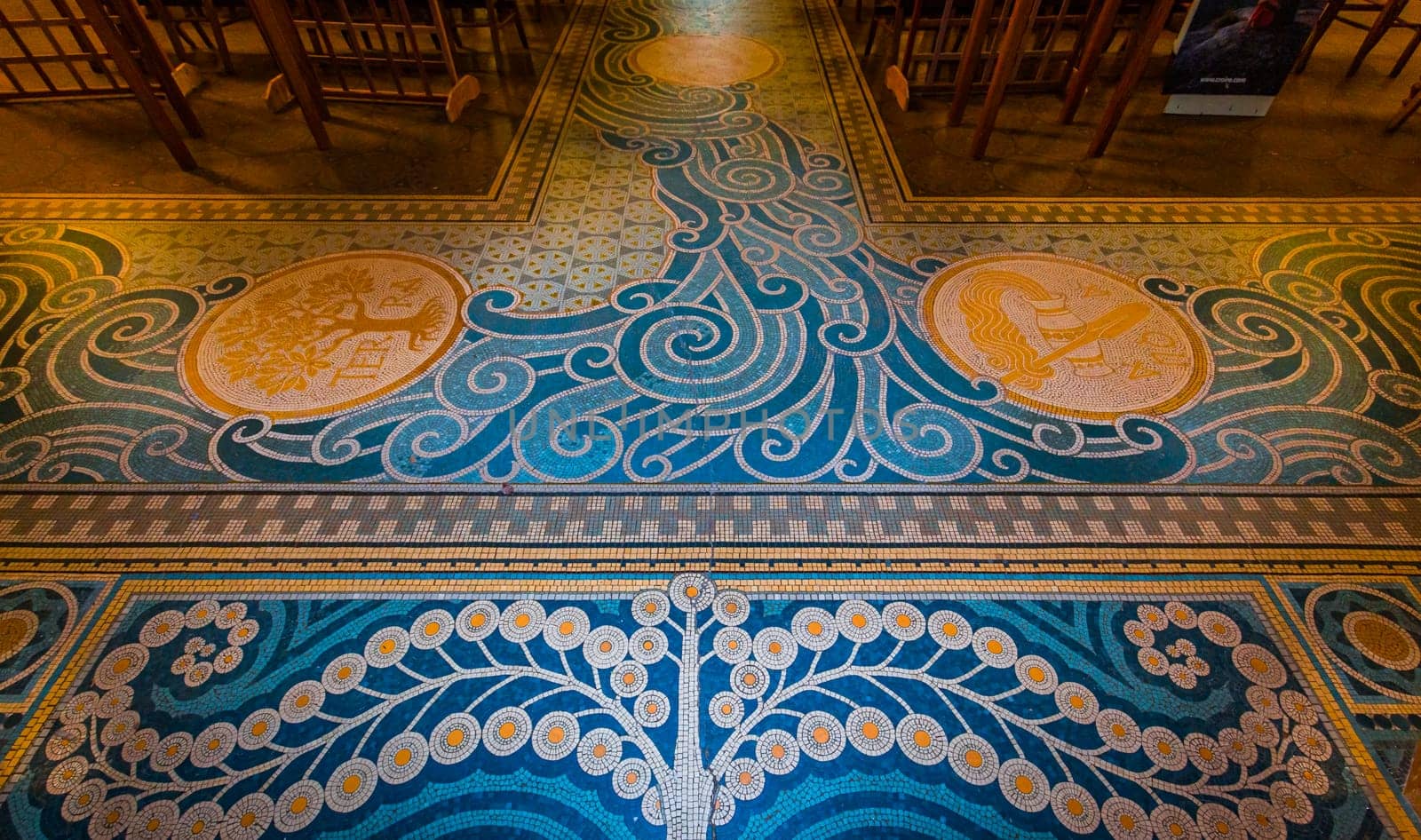 BRIARE, LOIRET, FRANCE, MAY 06, 2022 : pavement mosaic details on ground floor of Saint Etienne church