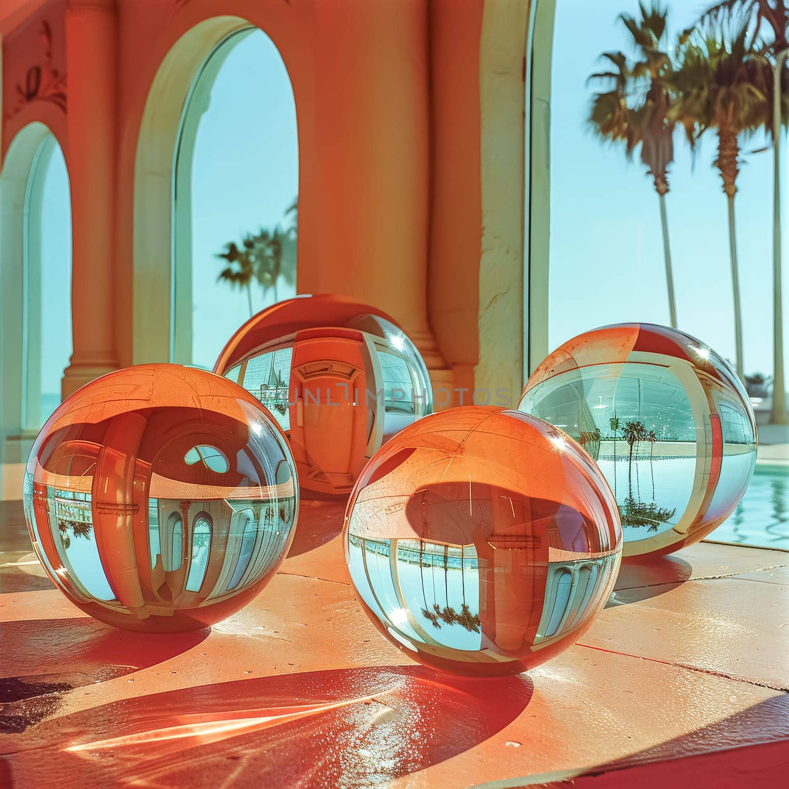 Four large glass spheres are sitting on a table, reflecting the sunlight and creating a sense of depth and movement. The scene evokes a feeling of tranquility and serenity