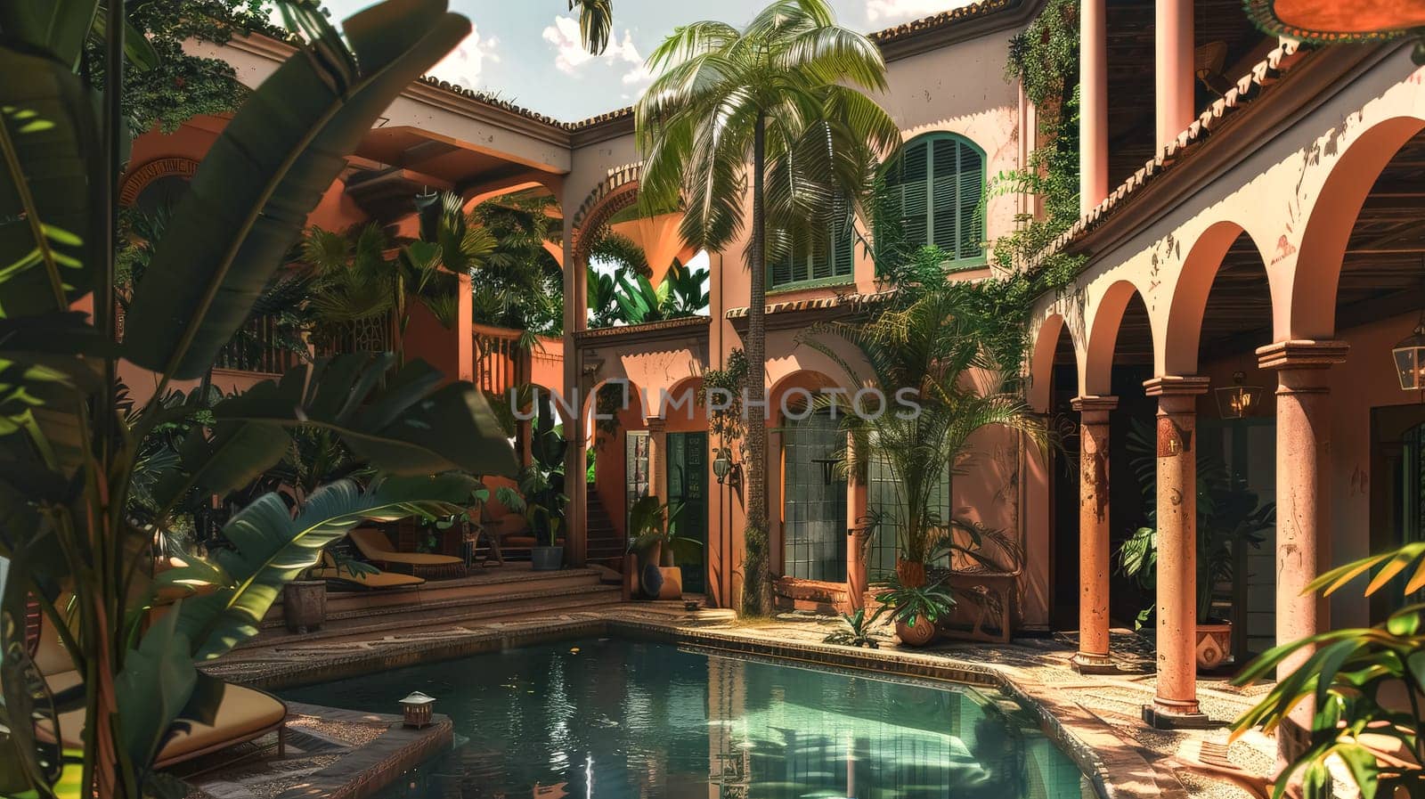 A large pool with palm trees surrounding it. The pool is surrounded by a red brick wall and a green balcony. The scene is peaceful and relaxing, with the palm trees providing a tropical atmosphere