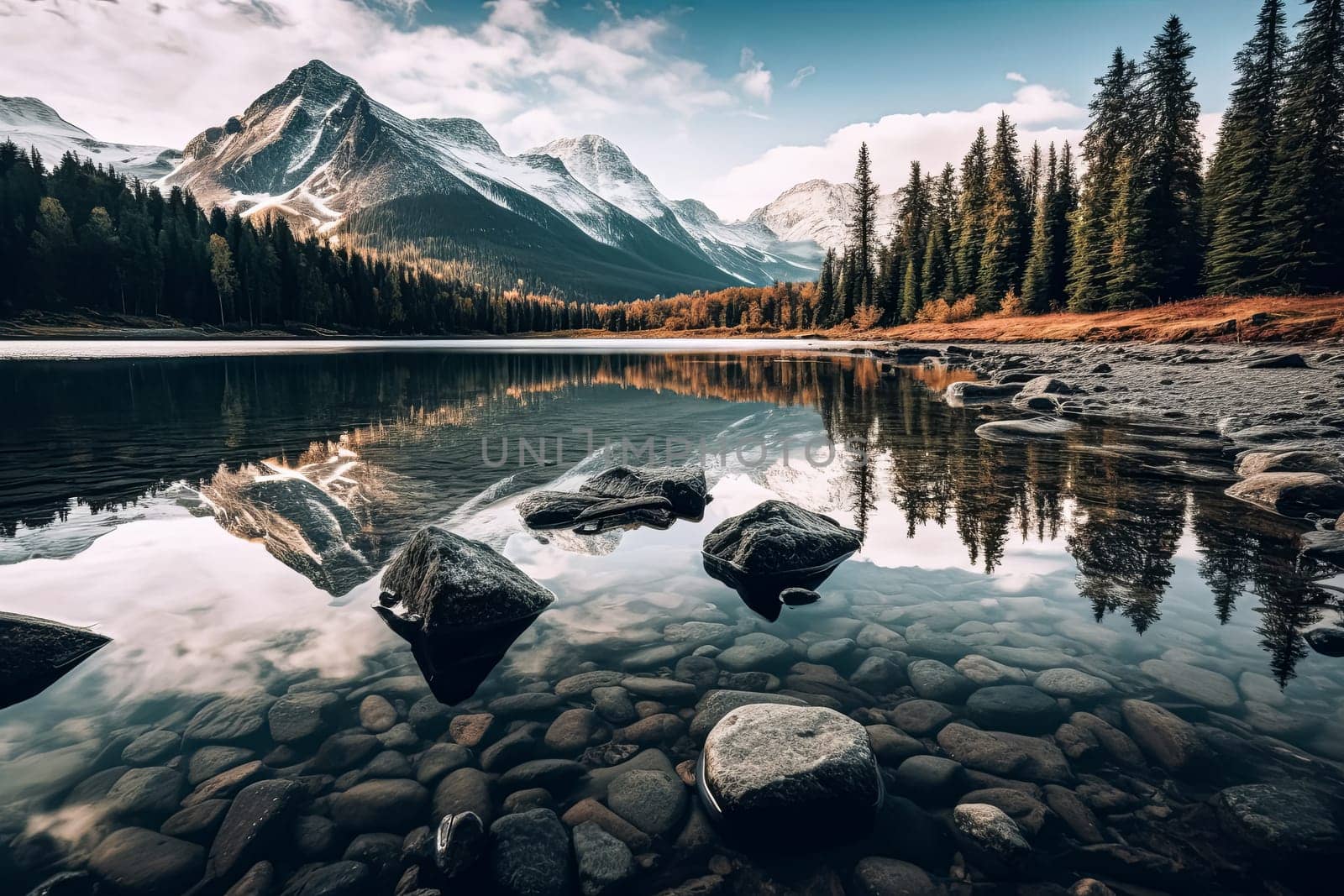 A beautiful mountain landscape with a blue river running through it. The mountains are covered in snow and the sky is clear