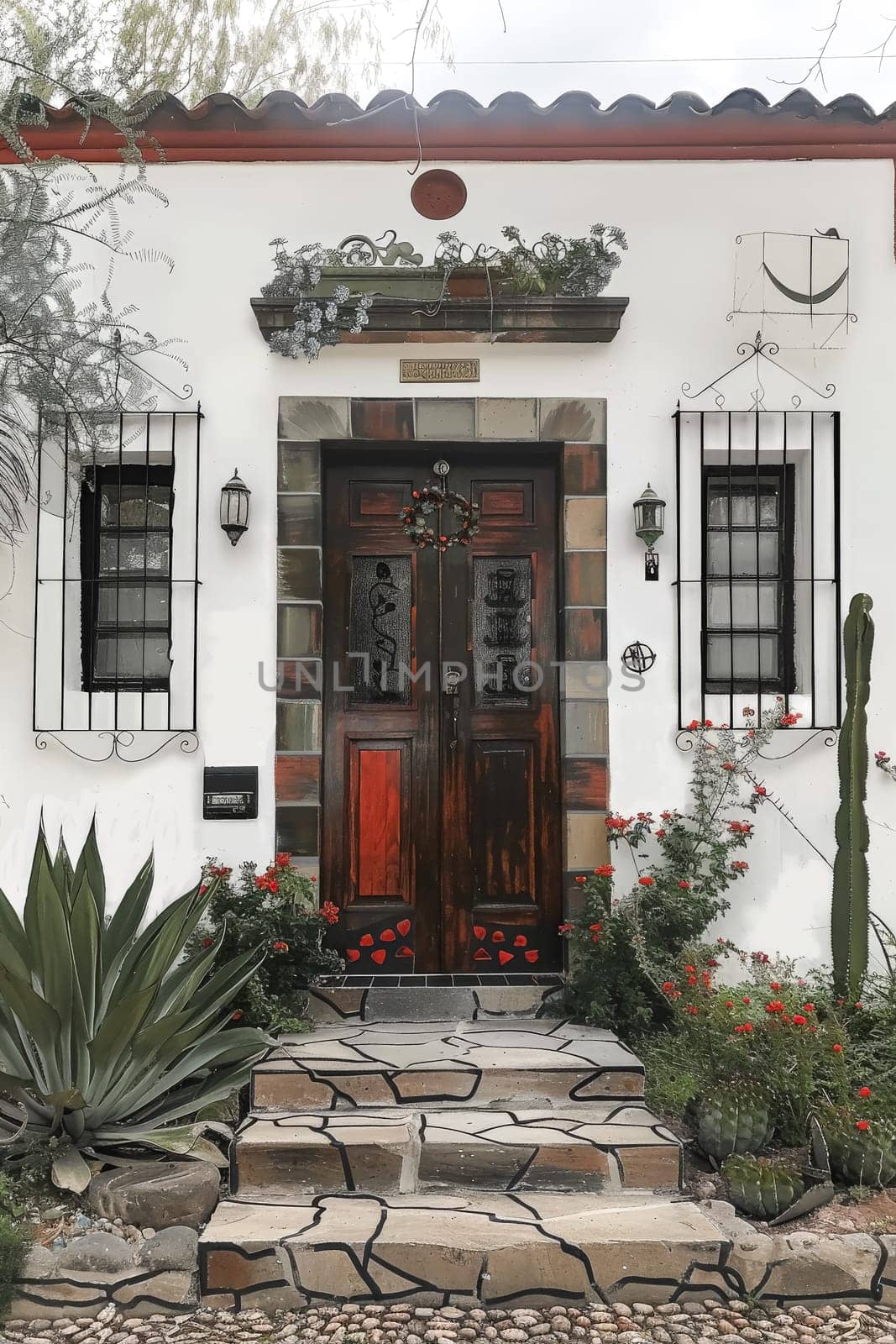 A house with a red door and a balcony with potted plants. The house has a Spanish style and the door is made of wood