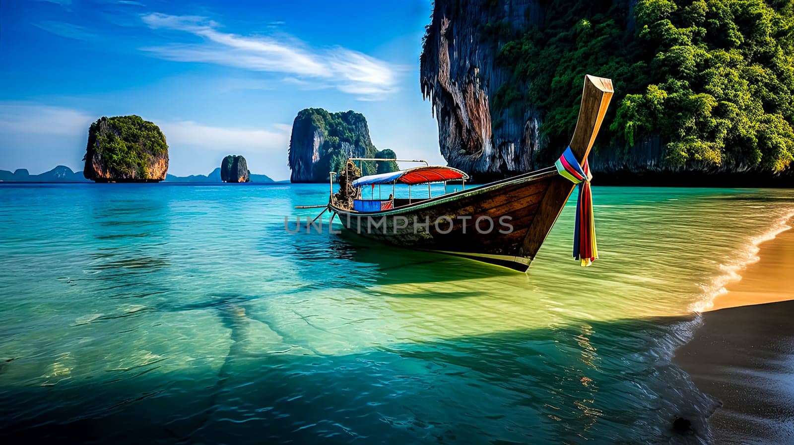 A boat is floating in the ocean near a beach. The water is calm and the sky is clear