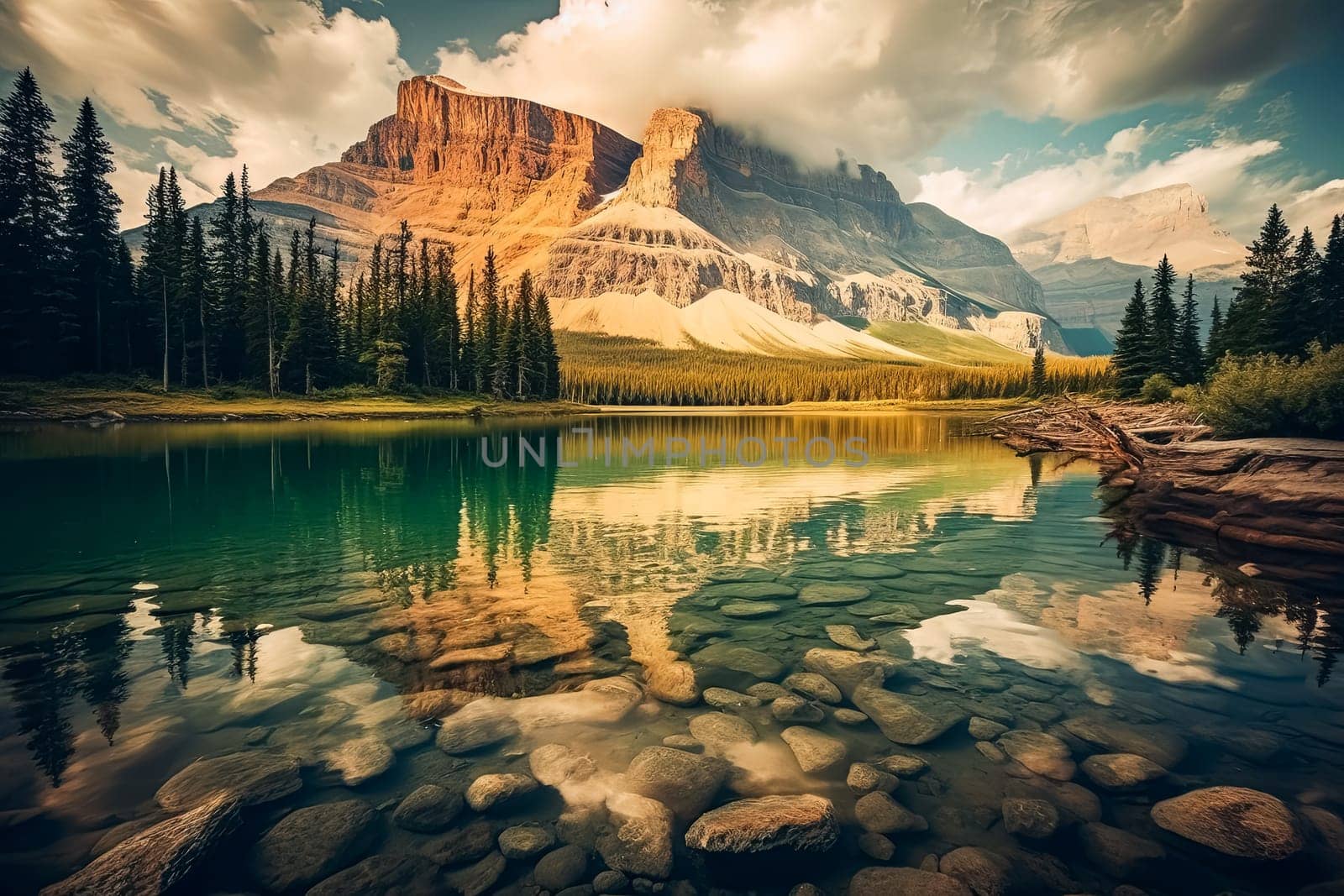 A beautiful mountain landscape with a blue river running through it. The mountains are covered in snow and the sky is clear