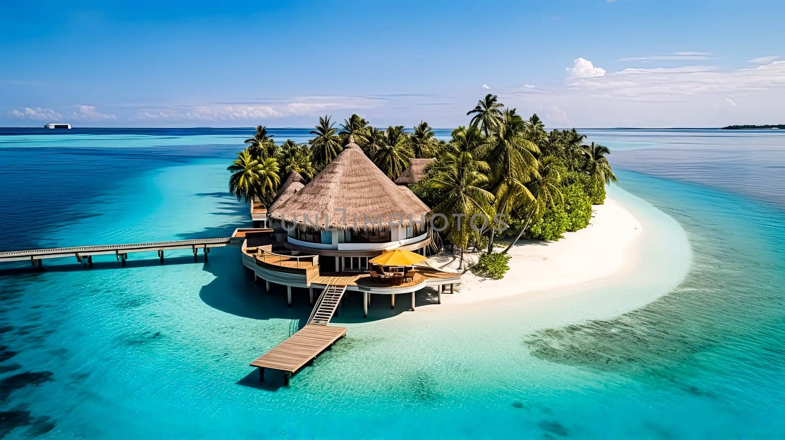 A beautiful island with a wooden house and a dock. The water is calm and blue. The island is surrounded by water and has palm trees