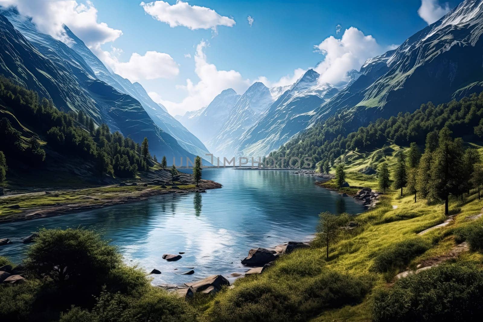 A beautiful mountain landscape with a blue river running through it. The mountains are covered in snow and the sky is clear