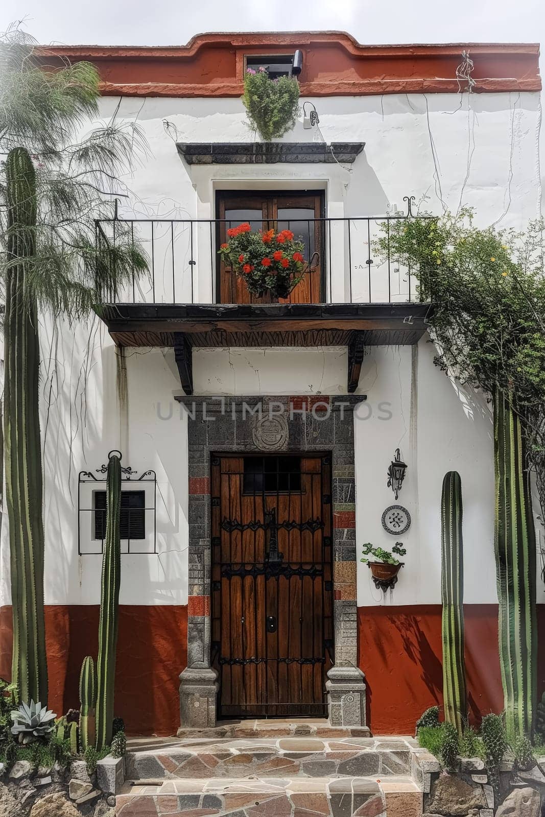 A house with a red door and a balcony with potted plants. by Alla_Morozova93